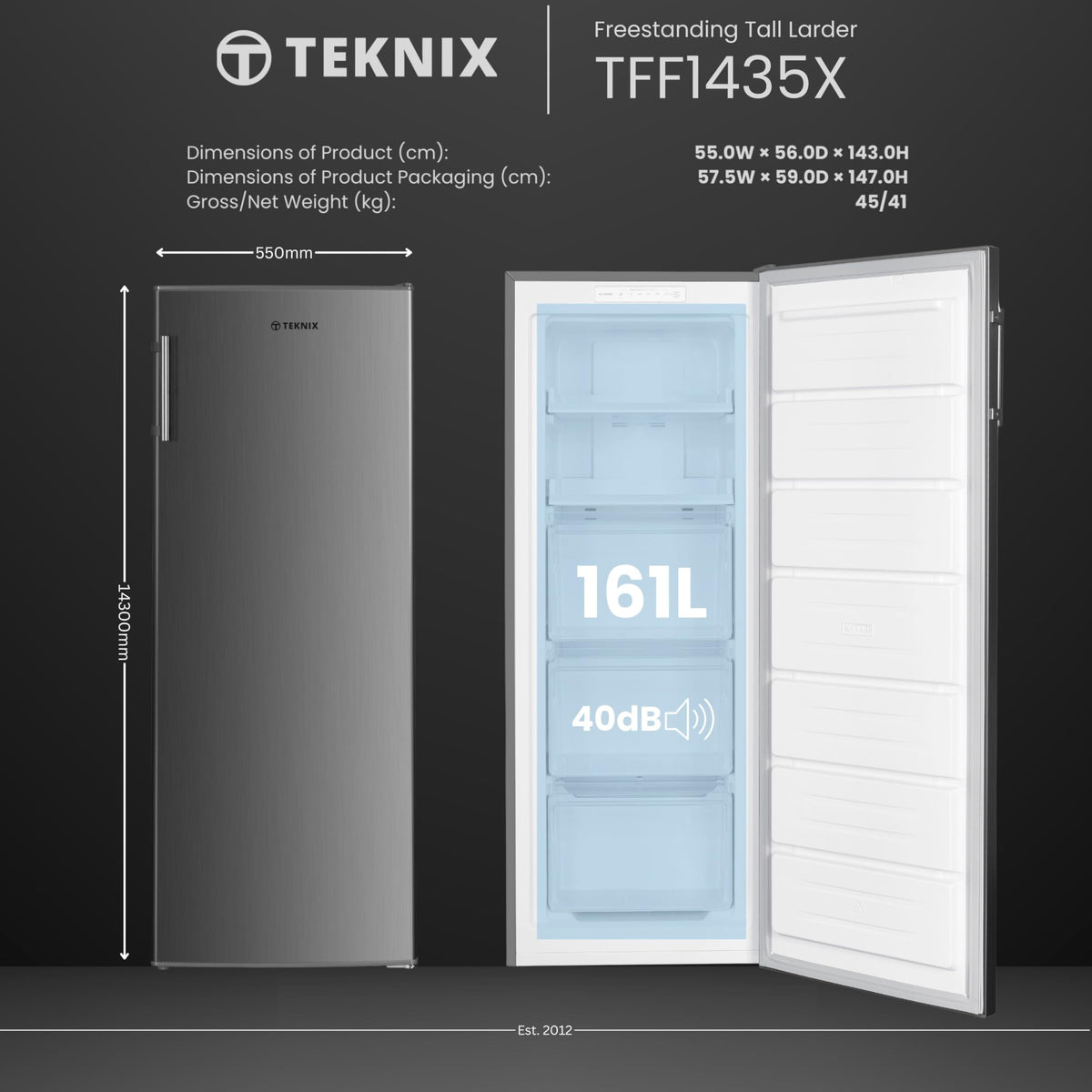 Teknix UC48F2W Freestanding Undercounter Freezer - 48cm Width / 60 Litre Capacity - Suitable for Outbuildings - 3 Large Compartments - 4 Star Freezer Rating - White