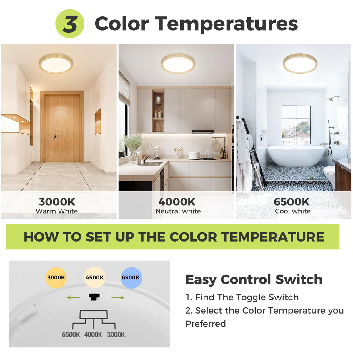 hepside Bathroom Light, 3000K/4000K/6500K 3 Color Temperature LED Ceiling Light, 15W 1500LM, Waterproof, Round, Small, Modern, Flush Ceiling Light for Bathroom, Kitchen, Bedroom, Black