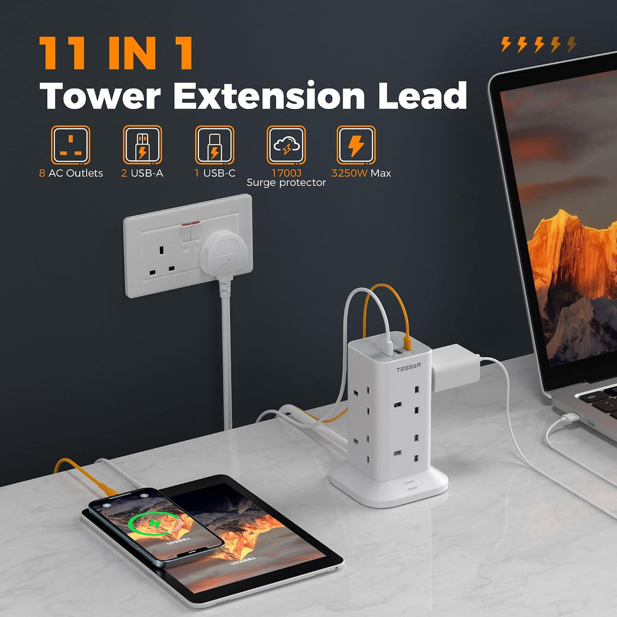 TESSAN Tower Extension Lead with USB C Slots