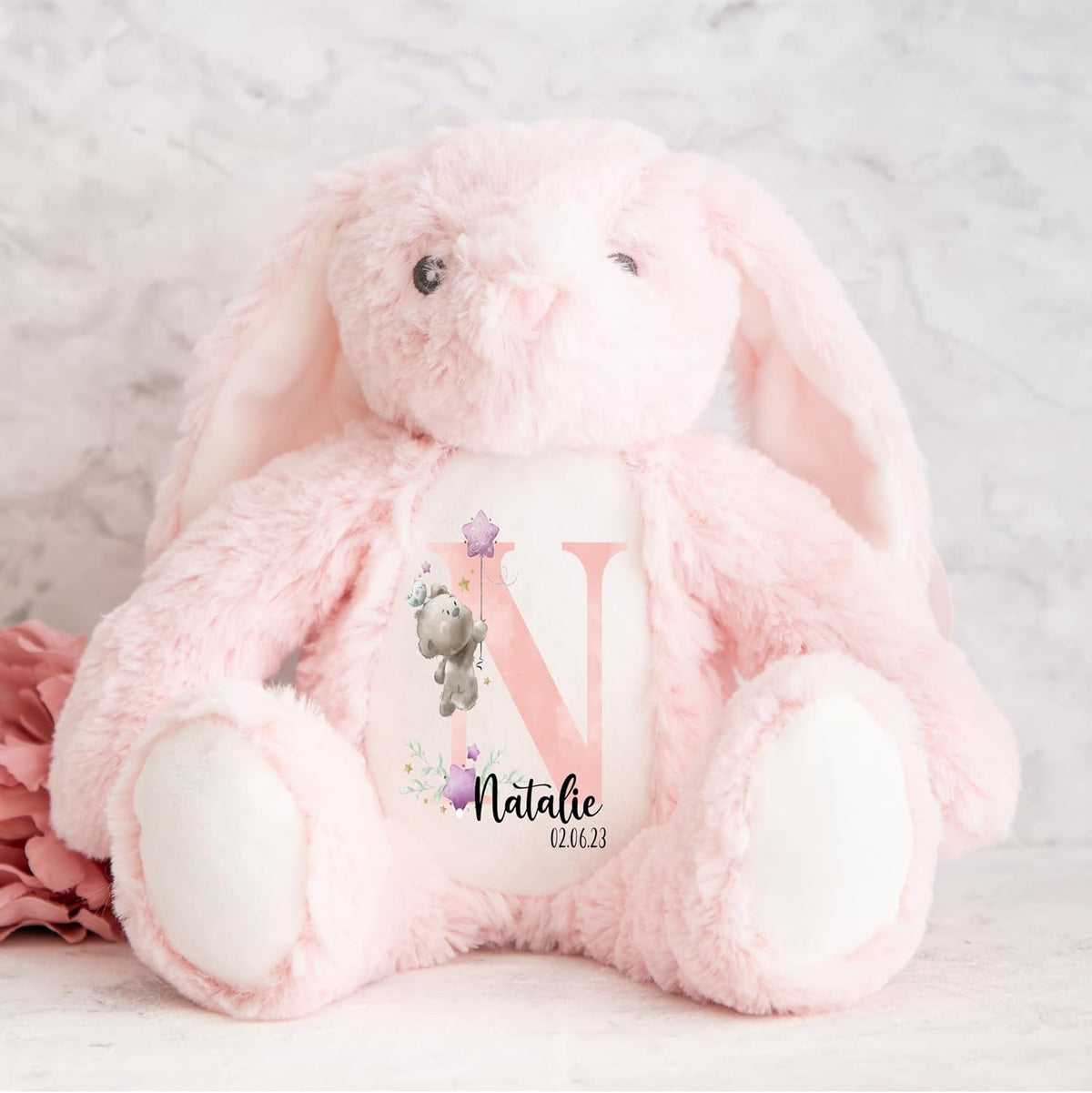 Crafted Memories - Personalised Teddy | Velveteen Bunny Soft Toy | Customisable Name for Newborns | Keepsake for Boys & Girls | Baby Shower Item | Pink Initial | Grey or White, 20-23cm