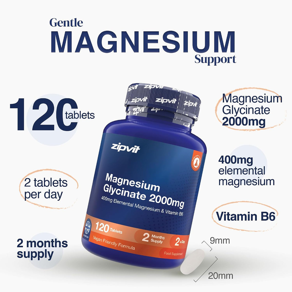 Zipvit Magnesium Glycinate 2000mg with Vitamin B6, 120 Tablets - Vegan