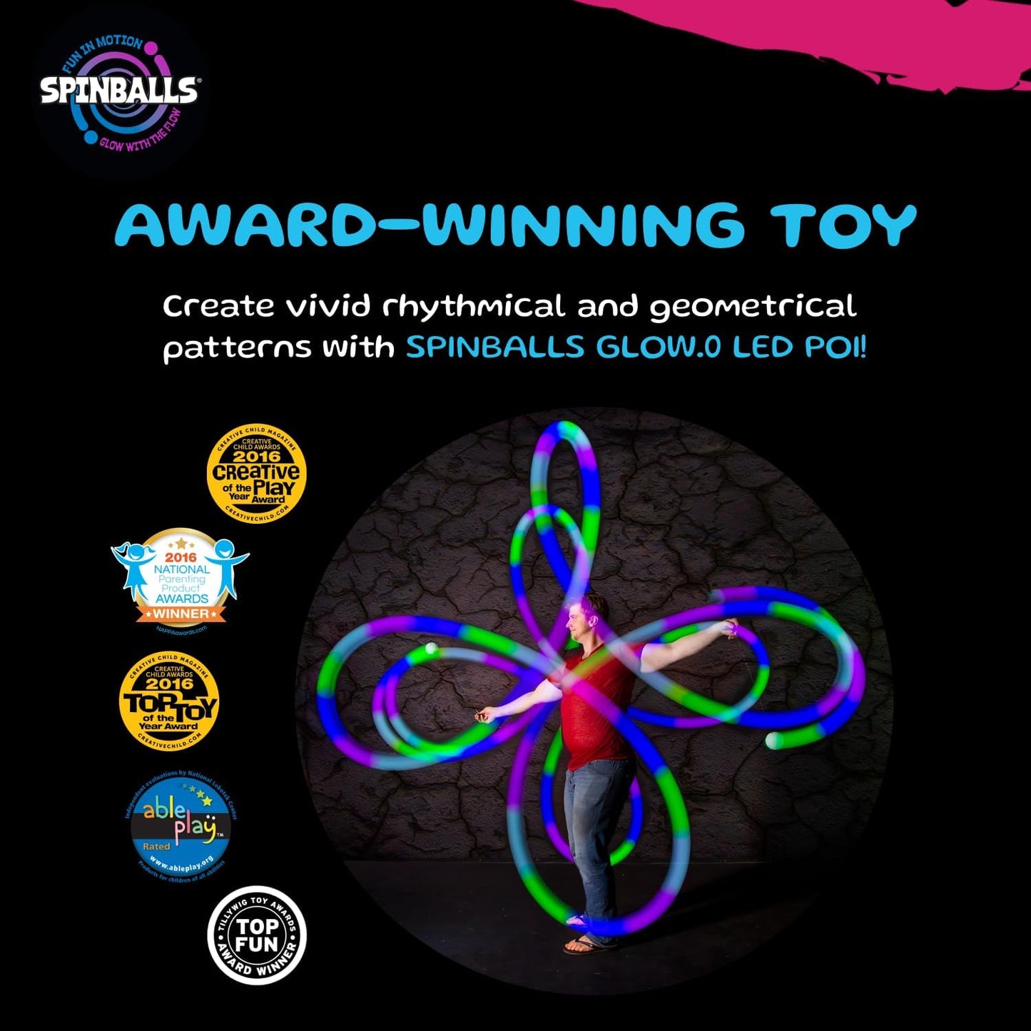 Spinballs LED Poi Balls Glow.0 – USB Rechargeable LED Poi Spinners – 22 Vibrant Color Light Modes and Patterns – Lightweight, Soft-Core LED Poi Spinning Balls with Adjustable Double-Loop Leashes