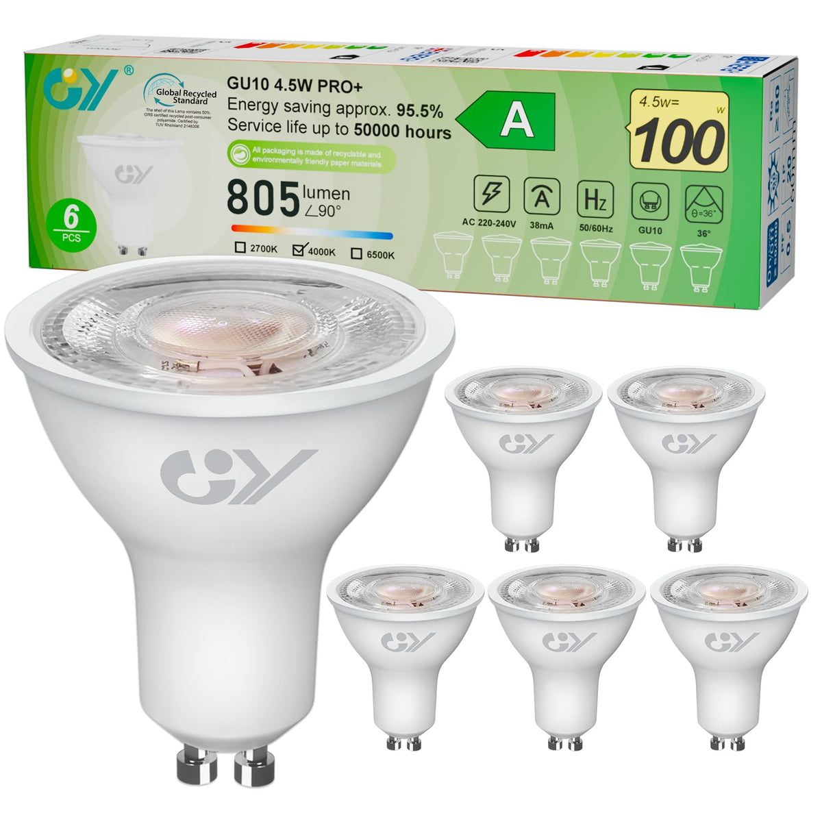 GY GU10 LED Bulb 4.9W 790lm Cool White 6500K Energy Saving LED Bulb, The New UK Energy Efficiency Class B Replaces 80W, 110°Beam Angle Non-Dimmable, 10 Pack