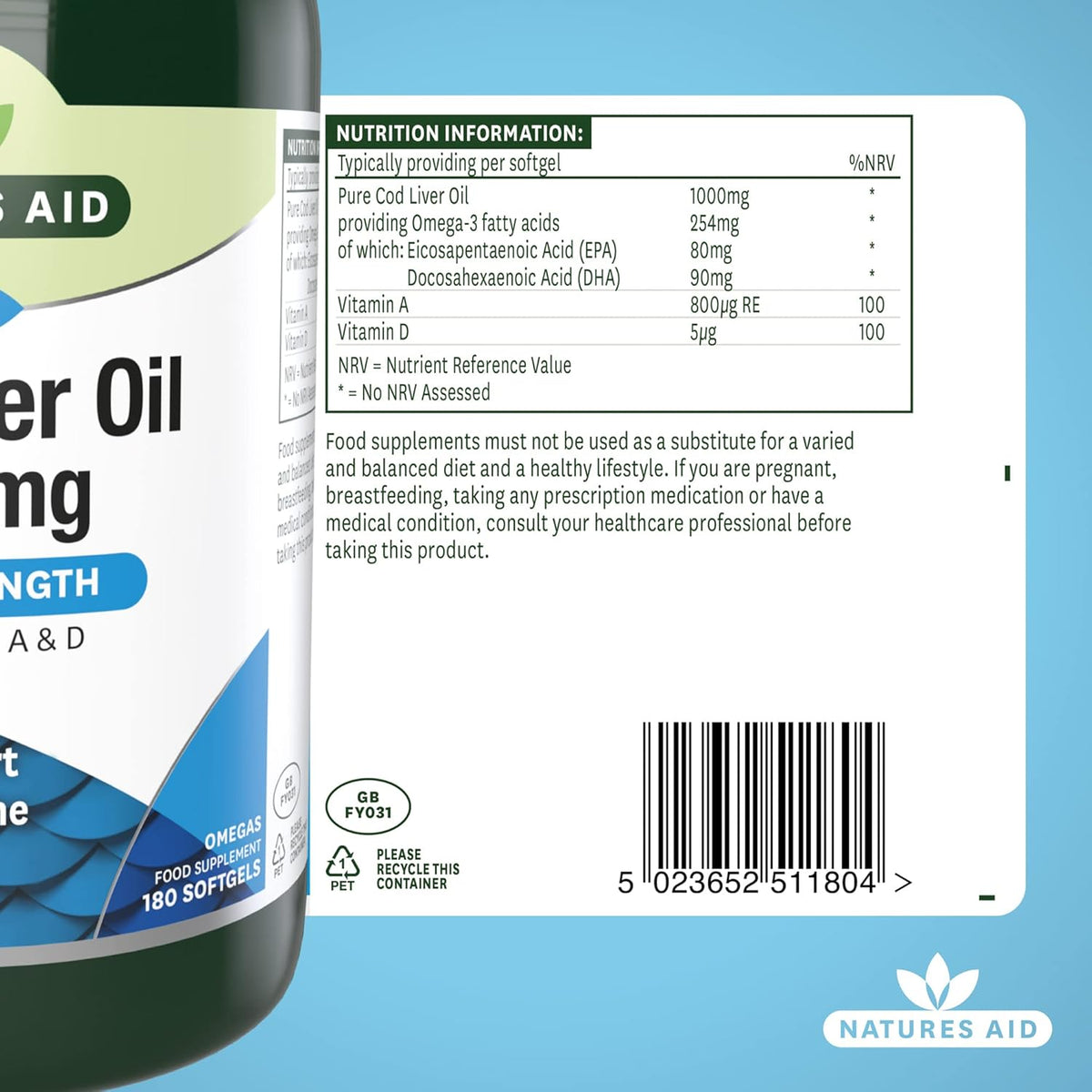 Natures Aid Cod Liver Oil 1000mg – 180 Capsules