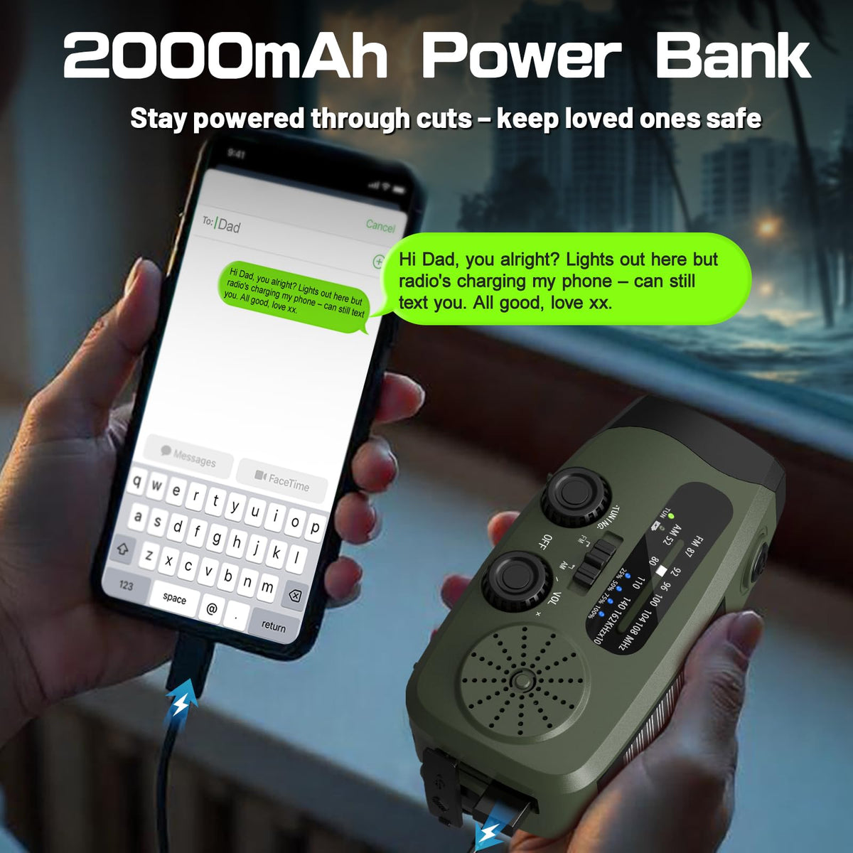 8000mAh Emergency Wind Up Radio, Hand Crank Solar, AM/FM Radio with 3-Mode Flashlight, 2-Mode Reading Lamp, SOS Alarm with USB Phone Charger for Emergency Outdoor