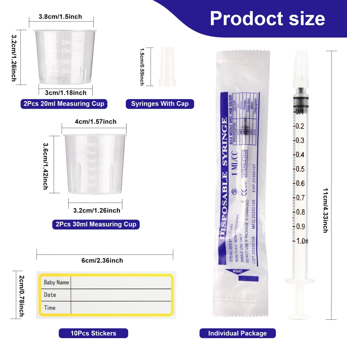 100Pcs1ml Colostrum Syringe Collection Kit No Needle with Cups&Stickers