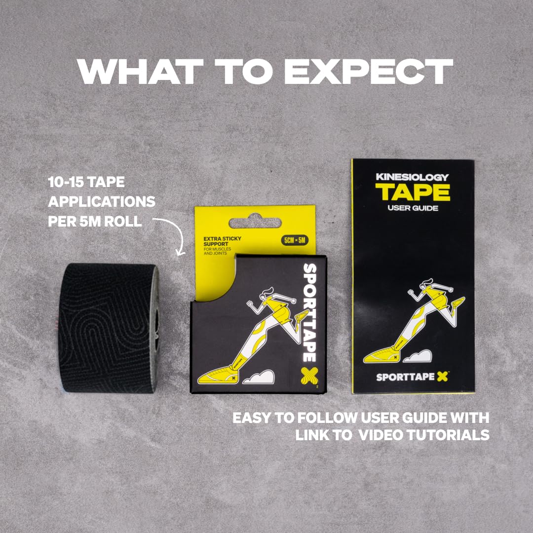 SPORTTAPE Kinesiology Tape, 5cm x 5m, Black - Waterproof, Hypoallergenic