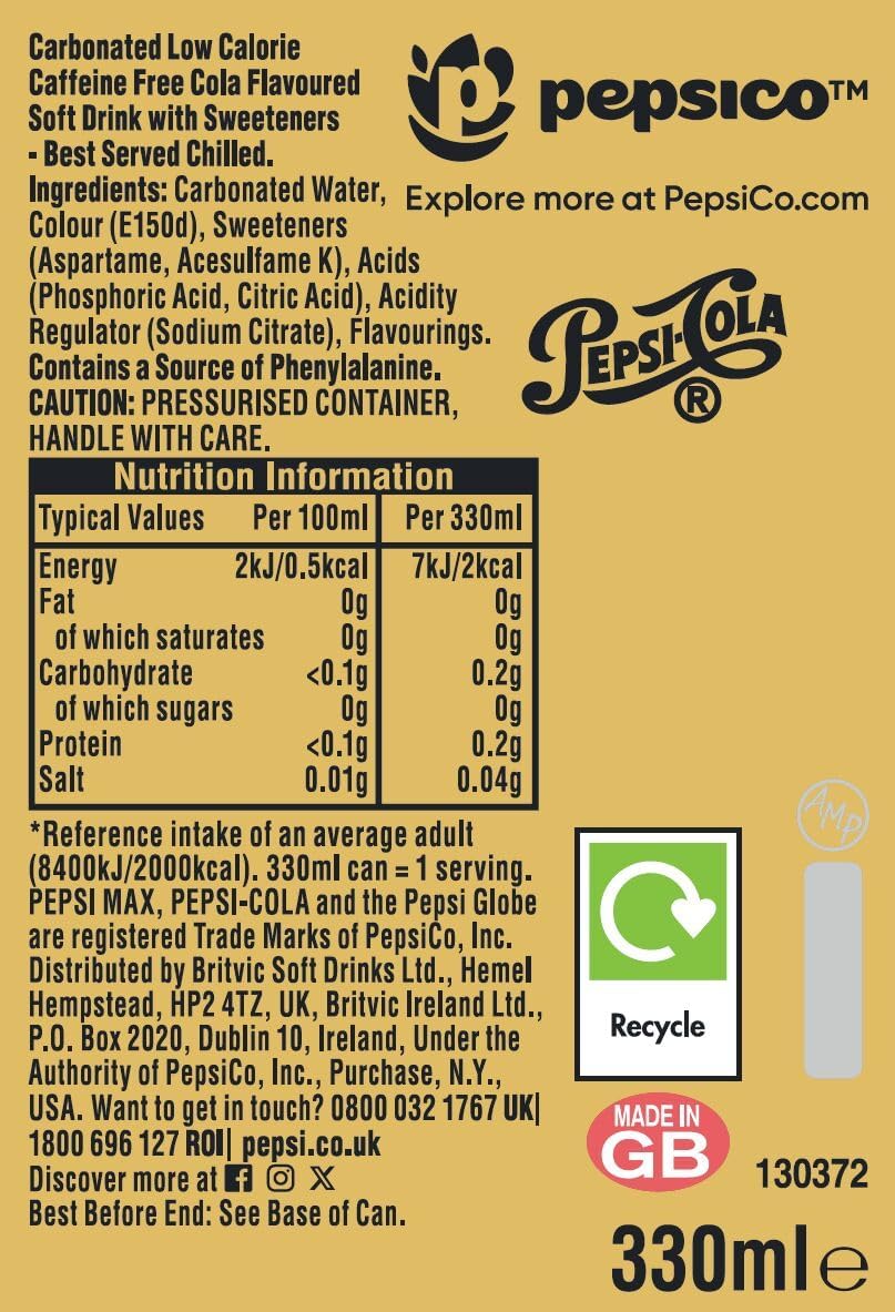 Pepsi Max Caffeine Free Cola | 330ml Can | 24 Pack