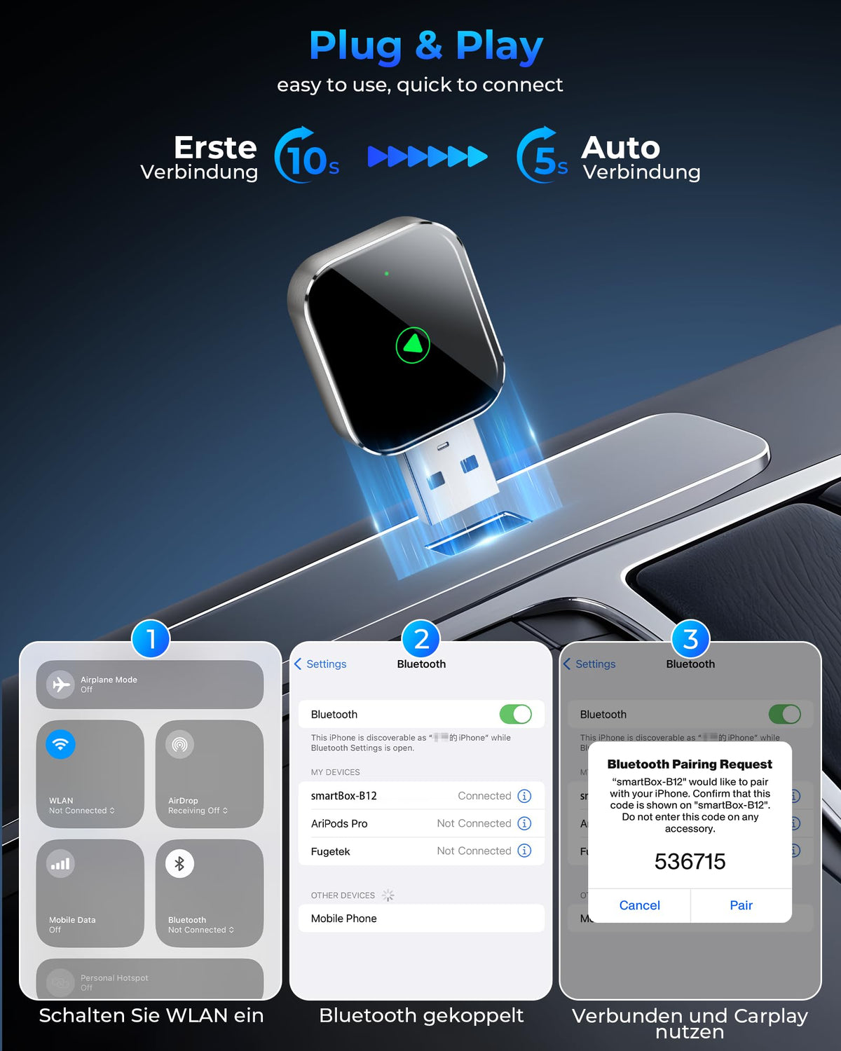 Wireless CarPlay for Apple iPhone - Easy Plug Play CarPlay Dongle Convert Factory Wired CarPlay to Wireless Connection, Car Stereos