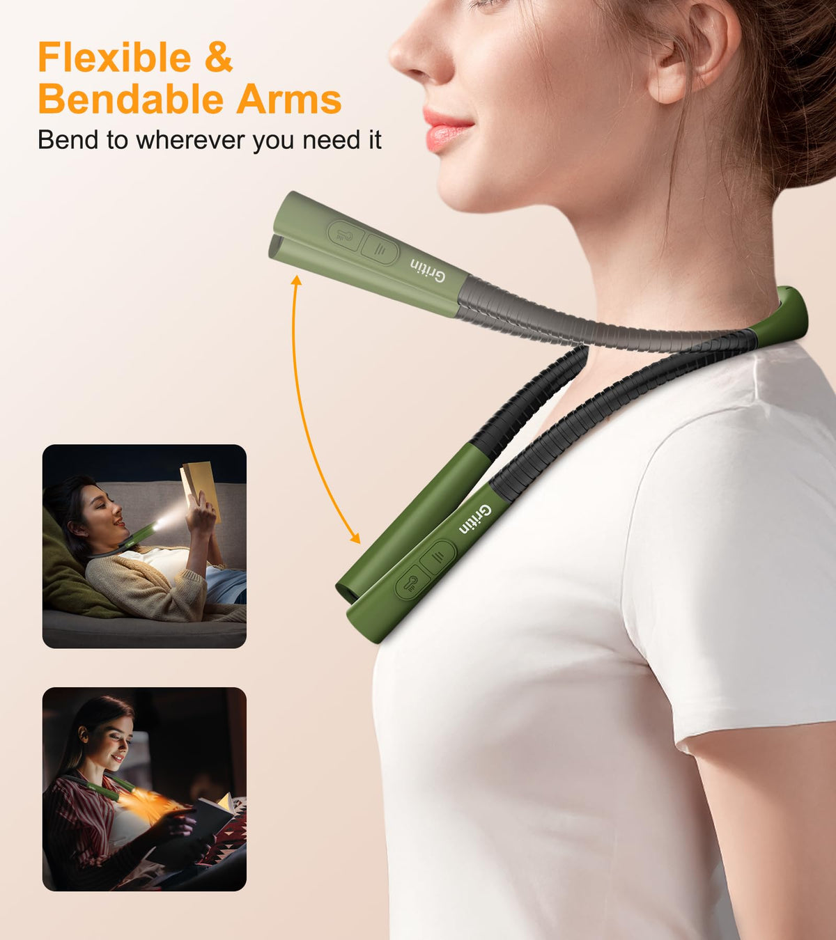 Gritin Book Light, Eye Caring 4-Color&5-Brightness Neck Light Reading Lamp
