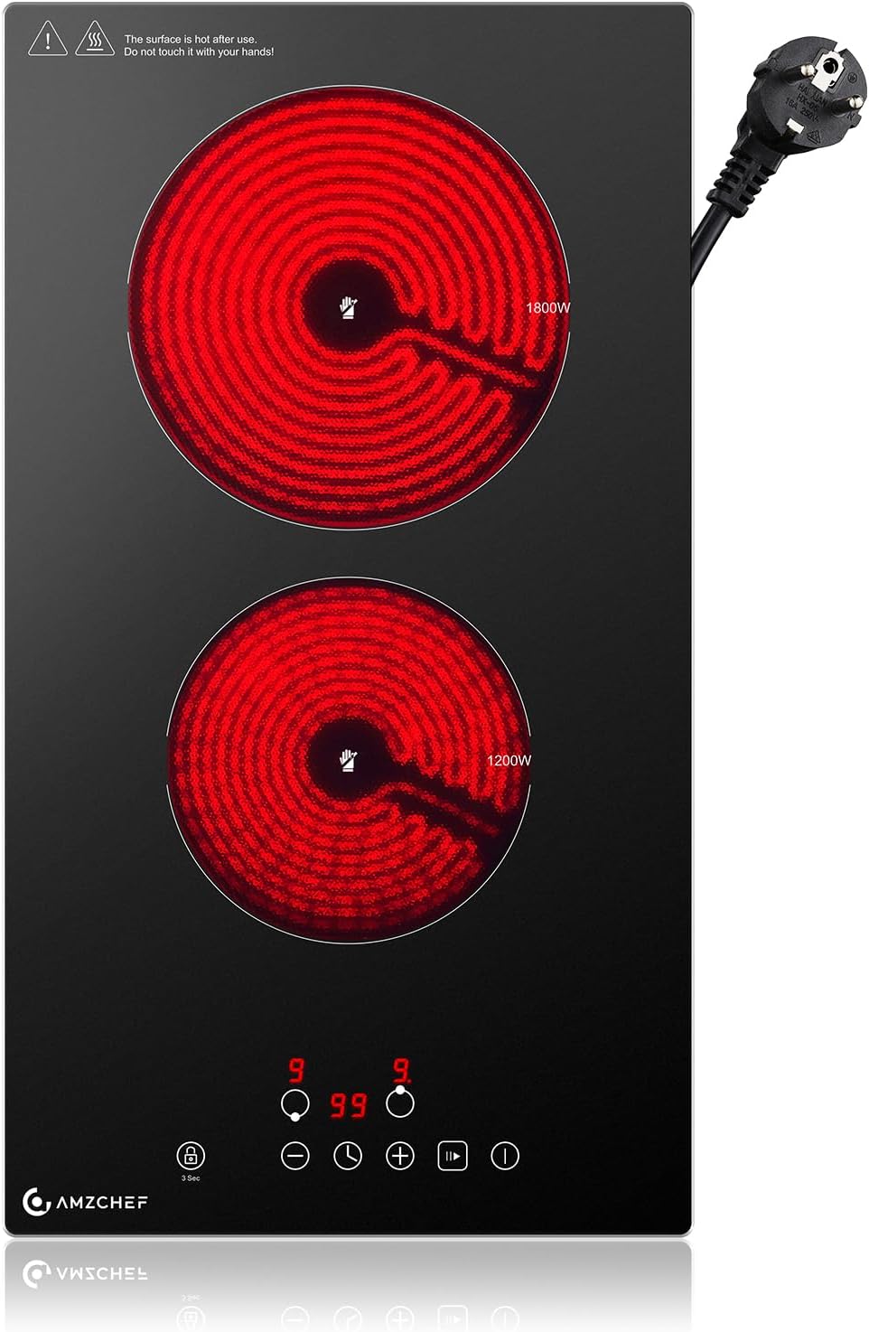 AMZCHEF Ceramic Hob 2 Zones, 3000W Electric Hob 2 Ring, Table Top & Built-in Dual installation, Plug and Play, 9 Power Levels, Timer & Pause Function, Child Lock, Easy Clean Frosted Glass Panel