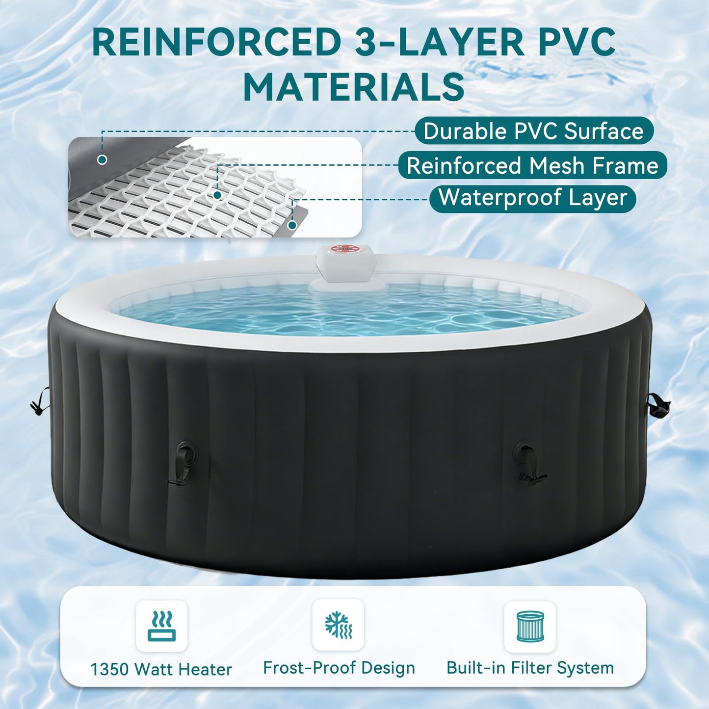 Inflatable Hot Tub 185X185CM, 60% More Energy Efficient, Portable Lazy Spa with 1800W Heater & 130 Air Jets Massage System, Fits Small Bathroom & Garden, Includes Insulated Cover & Filter