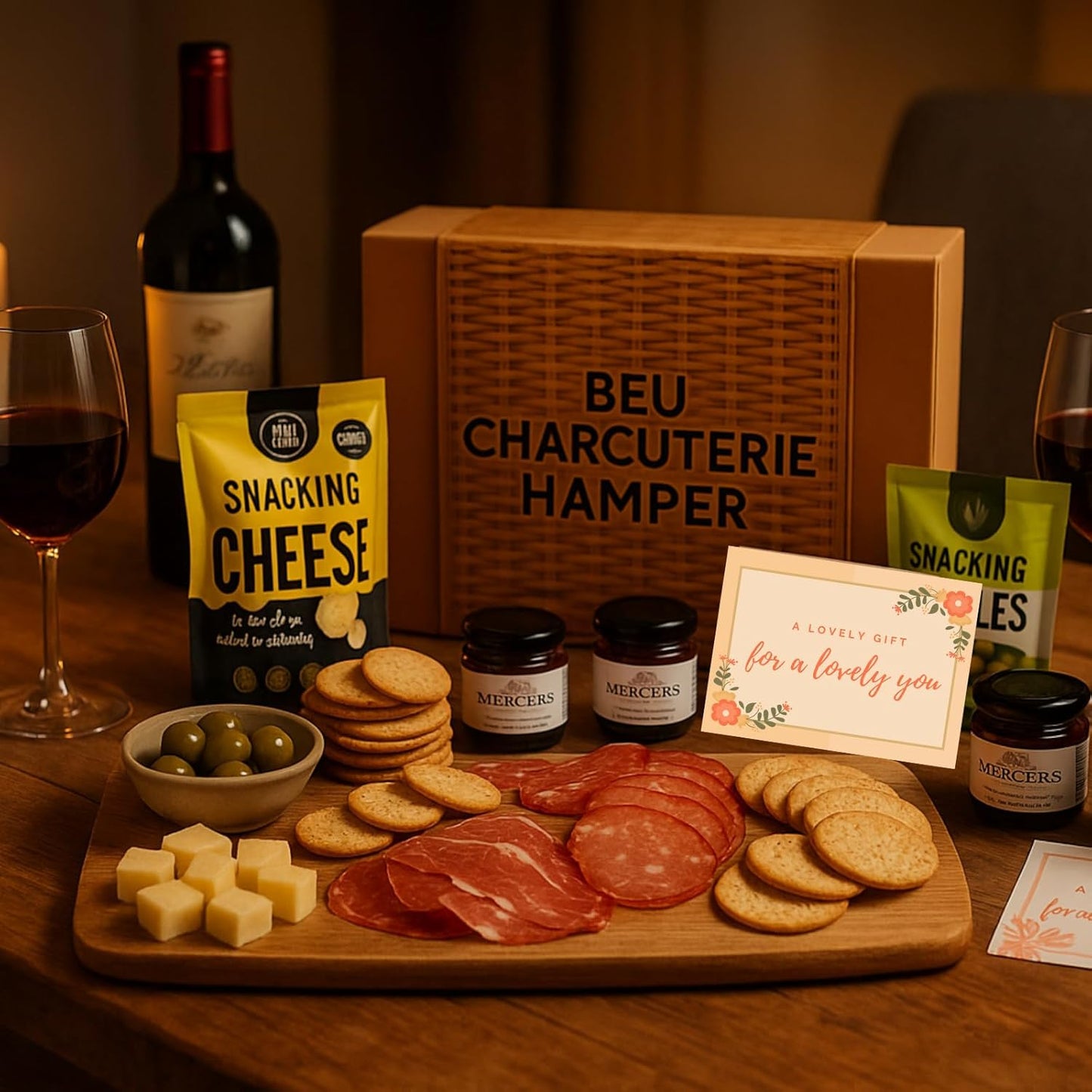 Charcuterie Hamper Gift Box – Meat, Cheese Wedge, Chutney, Crackers Mix, Pickles, Olives & Snacks for Charcuterie Boards - Food Hamper & Gourmet Gifts, Cheese Hampers for Men & Women