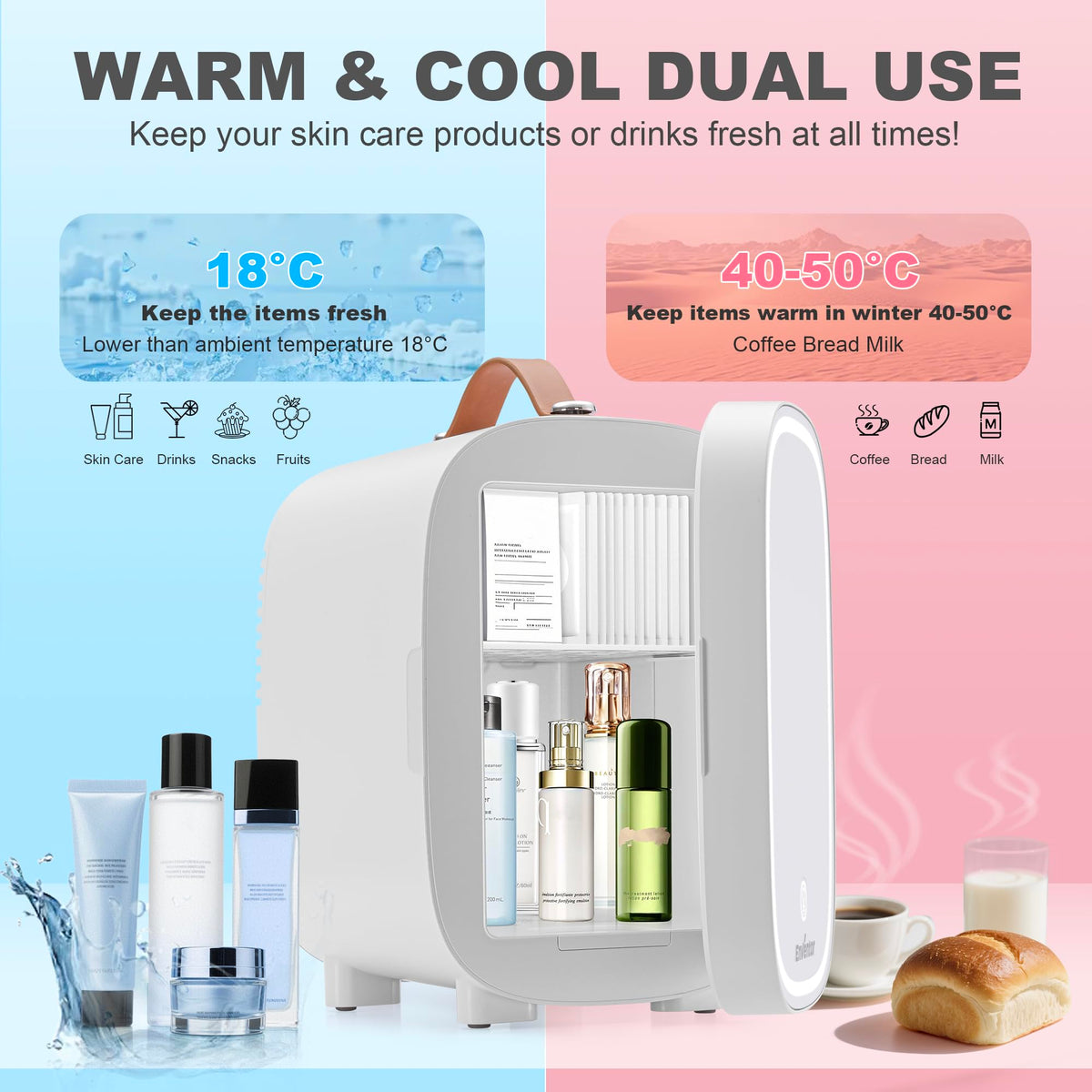 Enventor Mini Fridge 4L/ 6 Can, 3-Level Dimmable LED Mirror, AC+12V DC