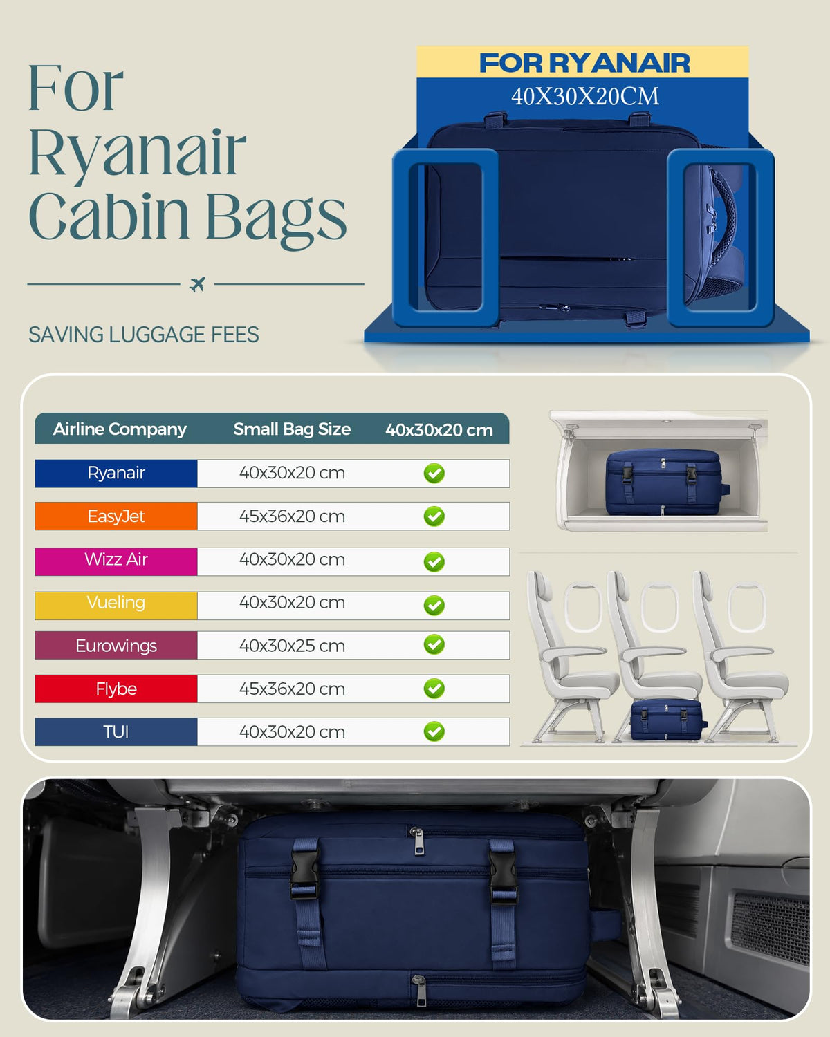 Lossga for Ryanair Cabin Bags 40x30x20,Cabin Bag Travel Backpack