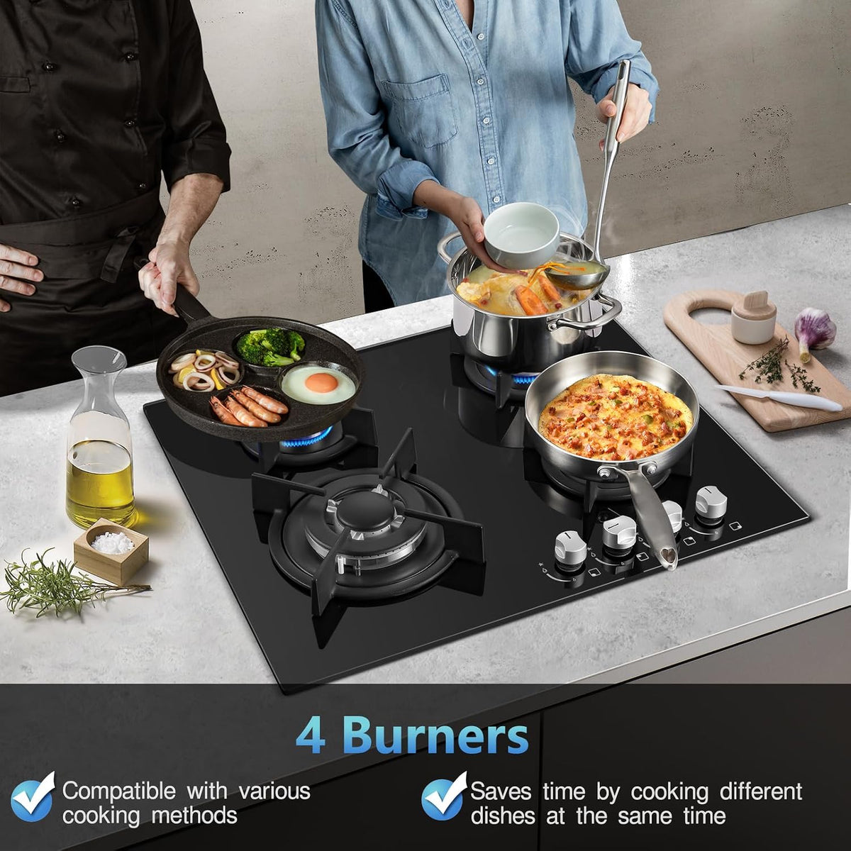 TopStrong Gas Hob 4 Burners, 60cm Black Glass Built-in Cooktop with 8060W Wok Burner & Thermocouple Protection, Natural Gas & LPG Compatible