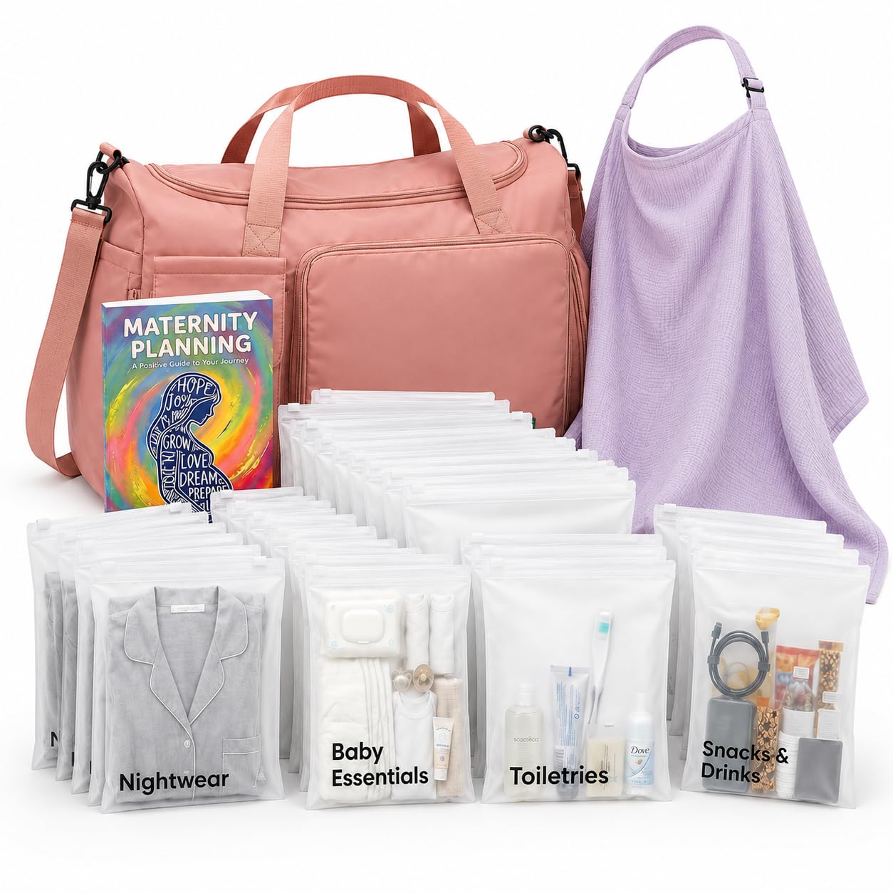 Pregnancy Bag For Hospital - Complete Labour And Delivery Set With Hospital Bag, 21 Organiser Pouches, Planner Book & Nursing Shawl - Premium Expectant Mum Hamper & Baby Shower Set, Grey
