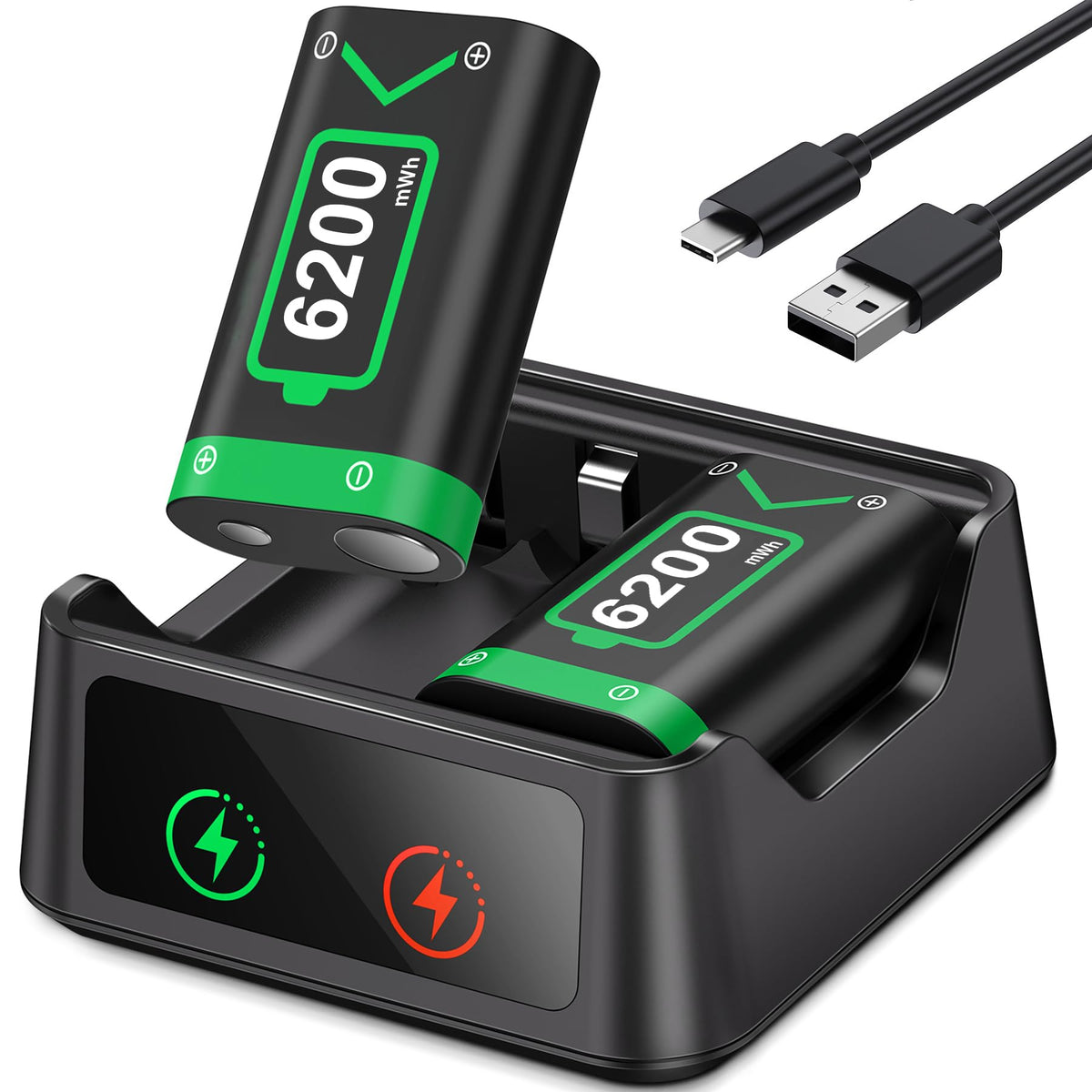 Rechargeable Battery Pack for Xbox One/Series Controller, 4x6200mWh Battery Pack with Charger/Cooling RGB/25H Playtime, Compatible with Xbox One/S/X/Elite 1, Series S/X Controller