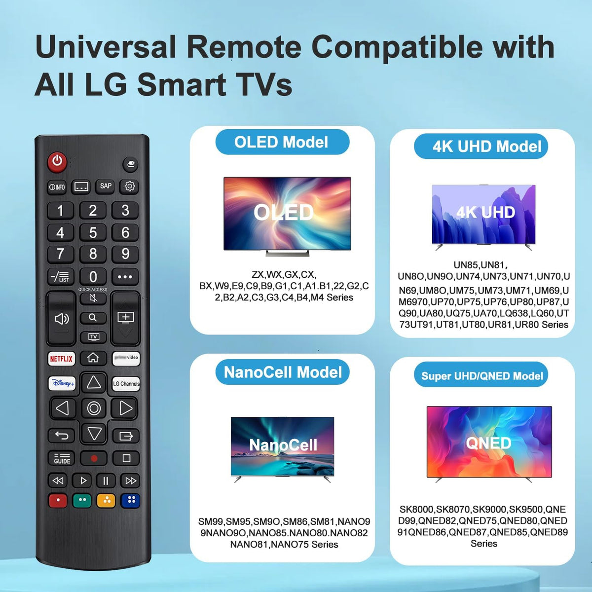 Universal Remote for LG TV Remote Control (All Models) Compatible with All L G LED OLED LCD UHD HDTV HDR Webos 4K 8K Smart TV with Netflix,Video,L G Channels Button,Disney Plus