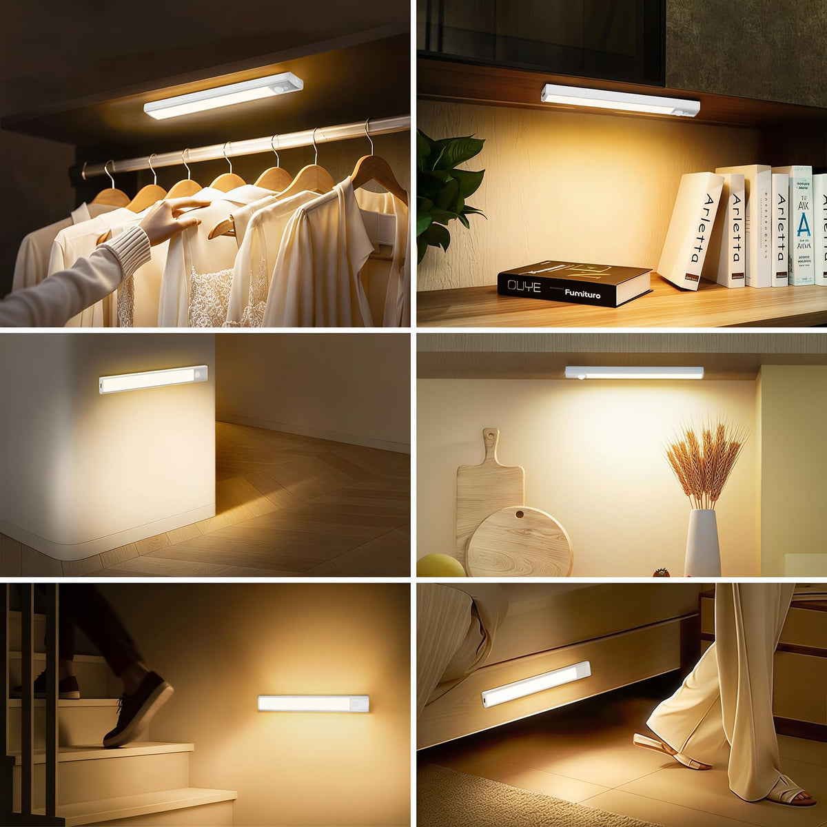 daphomeu 5 Pack Rechargeable Under Cupboard Kitchen Lights, 20CM Dimmable Warm Cabinet Light, LED Motion Sensor Lights Indoor, Magnetic Stick Light for Kitchen Shelf Stairs Wardrobe