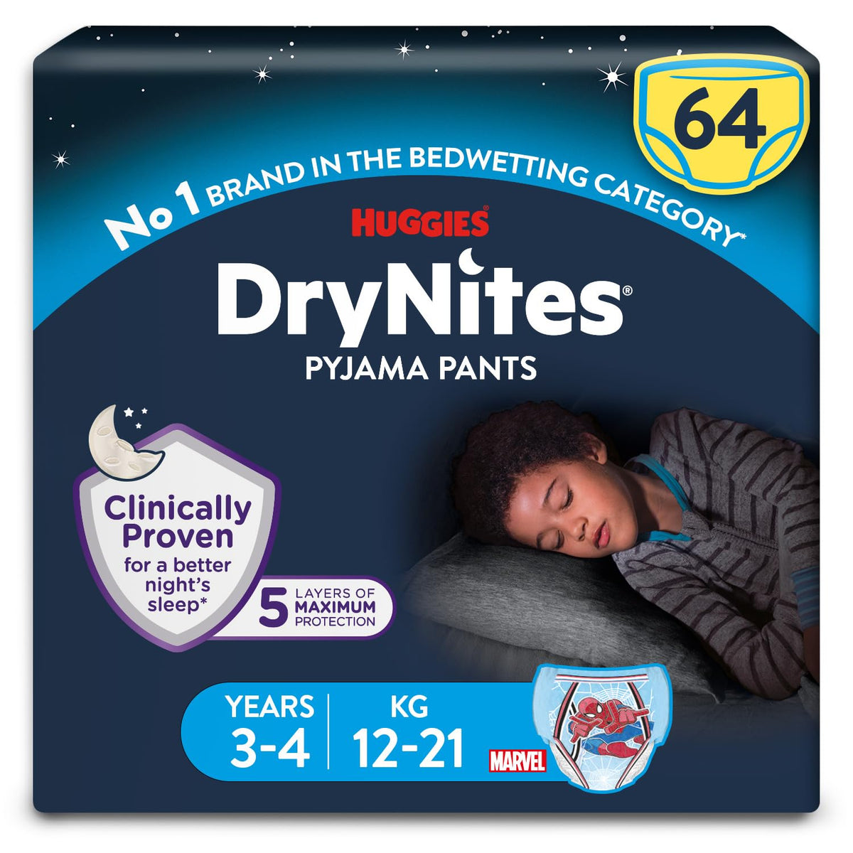 HUGGIES DryNites, Pyjama Pants, Boys 4-7 Years (17-30KG), 64 x bedwetting Pants, Up to 100% Leak Free Nights