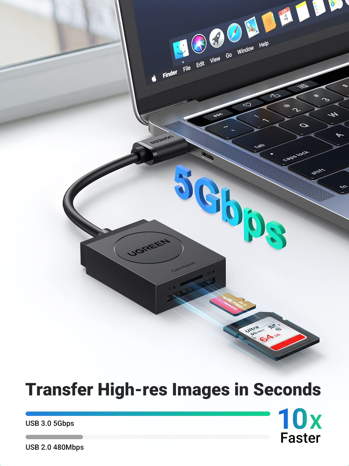 UGREEN SD Card Reader, USB 170Mb/s to TF/SD Cards Adapter, Dual-Slot Read