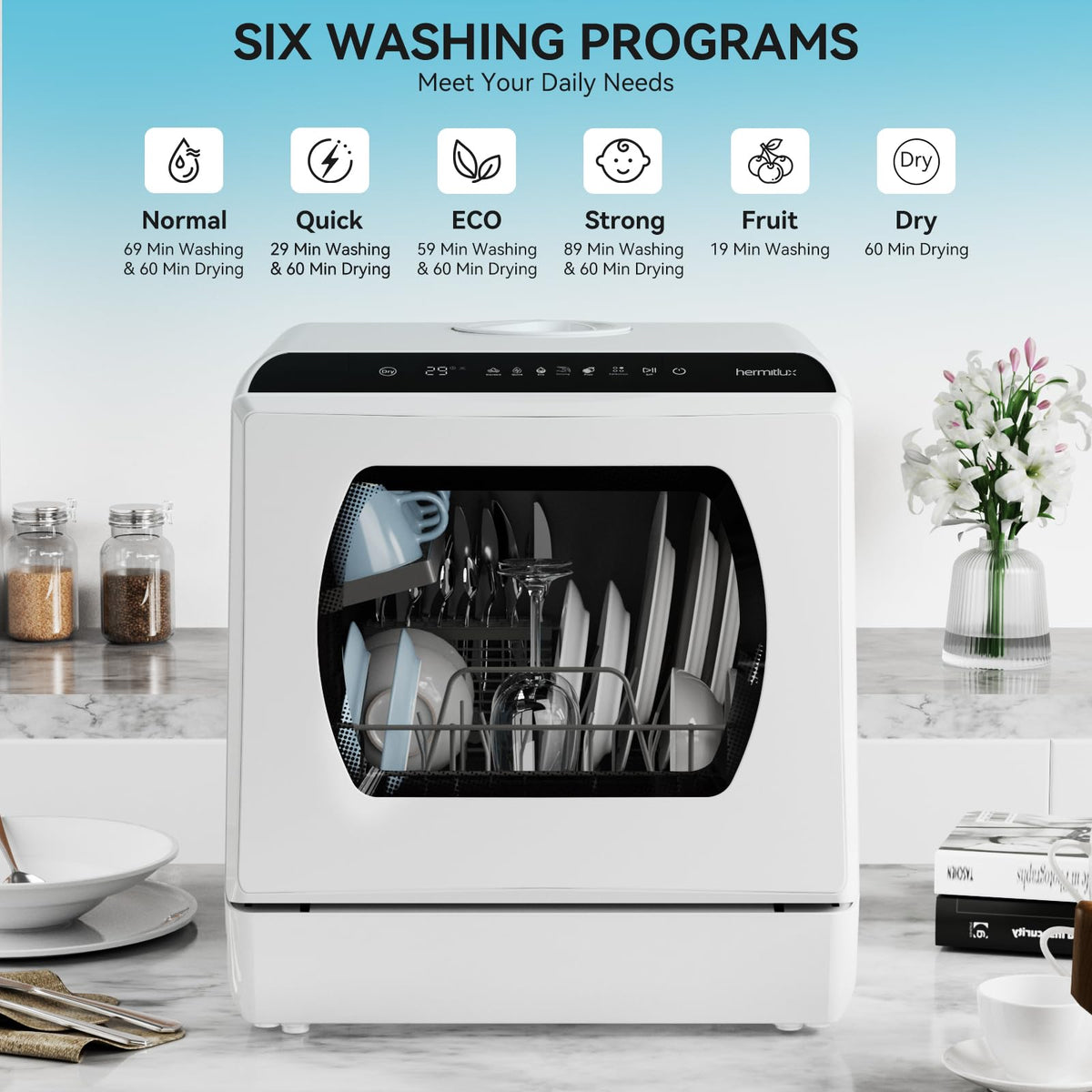 Hermitlux Table Top Dishwasher, Mini Countertop Dishwasher with 4 Place Settings, 5L Built-in Water Tank, 6 Programmes, Touch Control, Baby Care and Fruit Wash, White