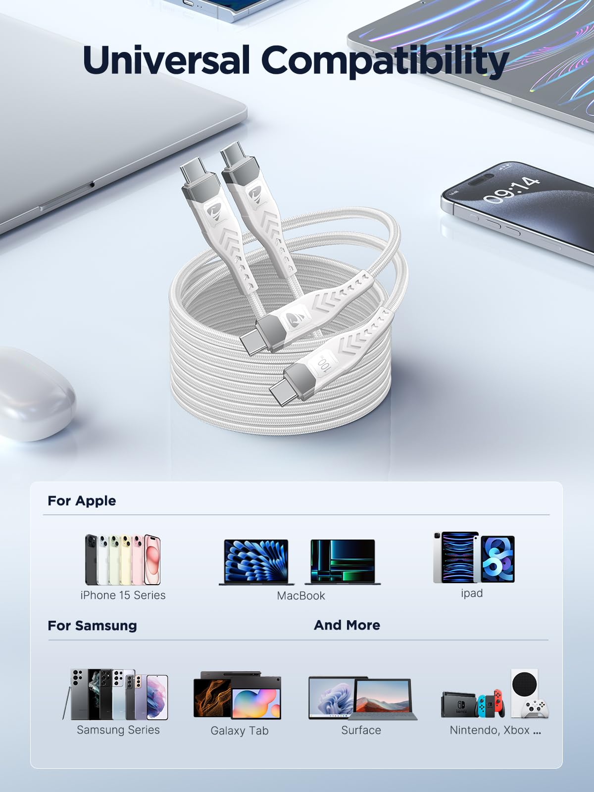 USB C to USB C, 100W 5A Fast Charging Cable [2Pack/2M] USB Type C Charger Fast Charge Lead Usbc to Usbc Cable for iPhone 15 16 17 Pro Max Plus iPad Pro MacBook Samsung Galaxy S23 S22 S24 S25 Ultra etc
