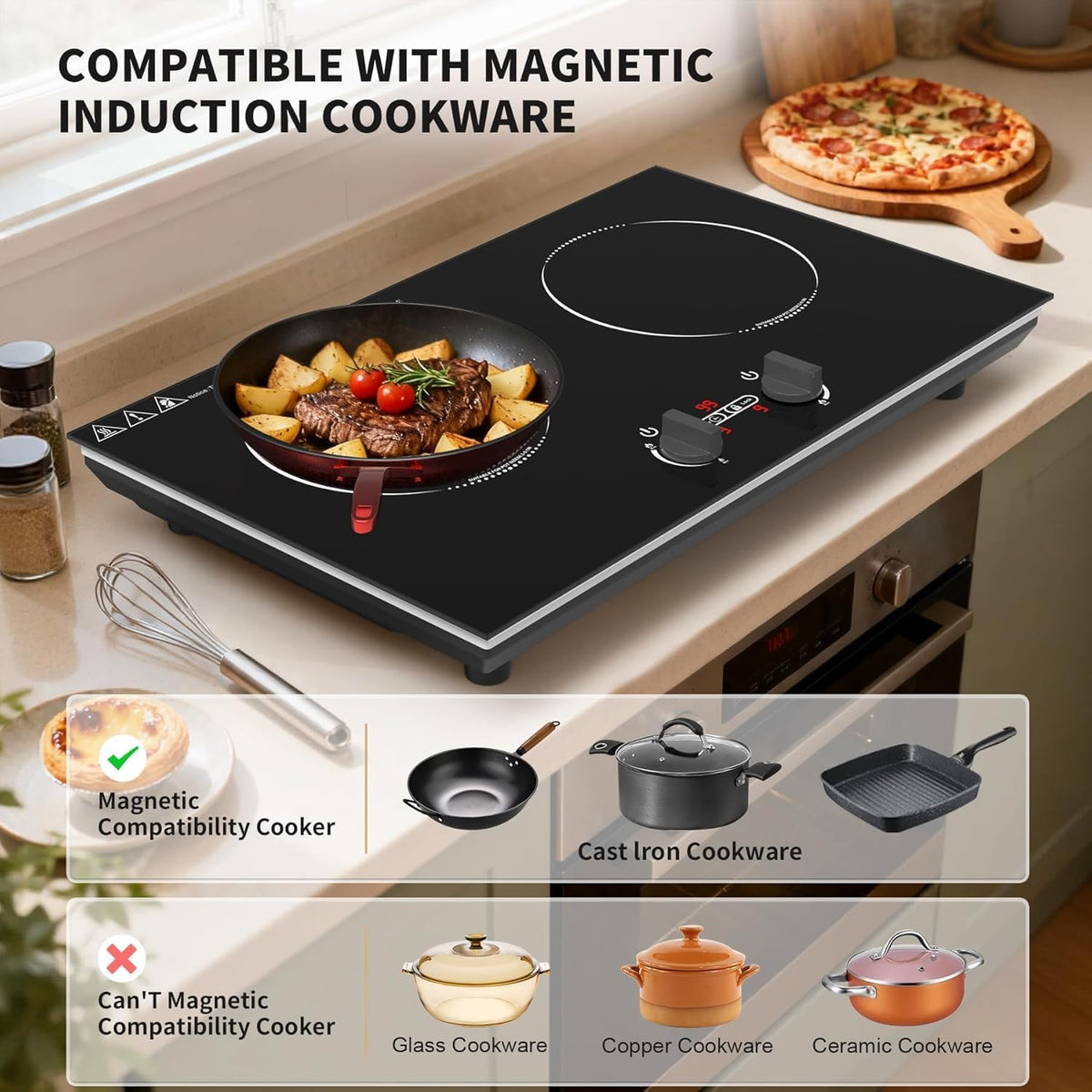 VBGK Double Induction Hob,220V 3600W 2 Ring Induction Hob with Knob Control,9 Power Levels, Kids Lock & Timer,LED Touch Control,Overheat Protection