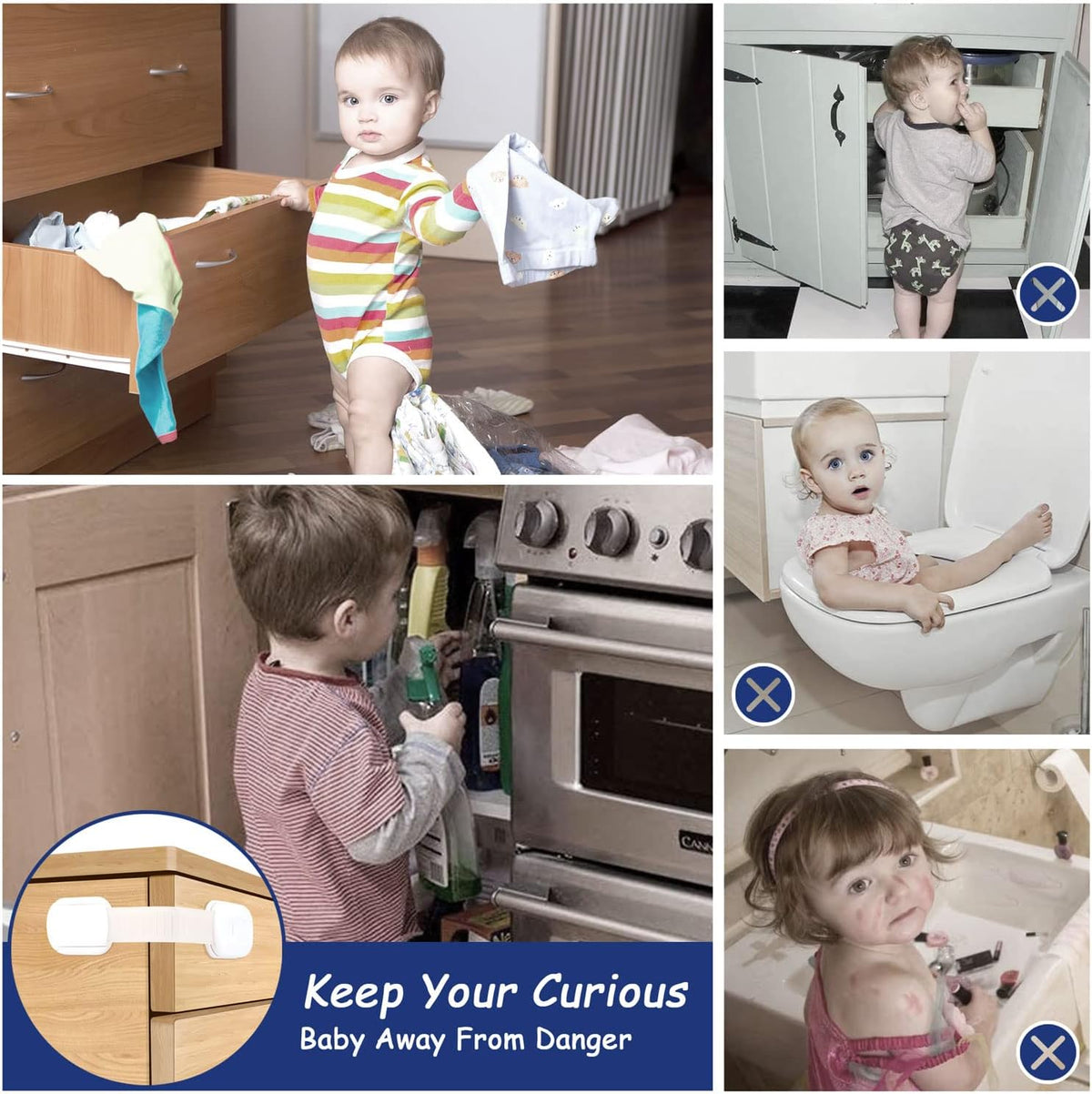 Adjustable Child Locks for Kitchen Cupboards 10 Pack - White