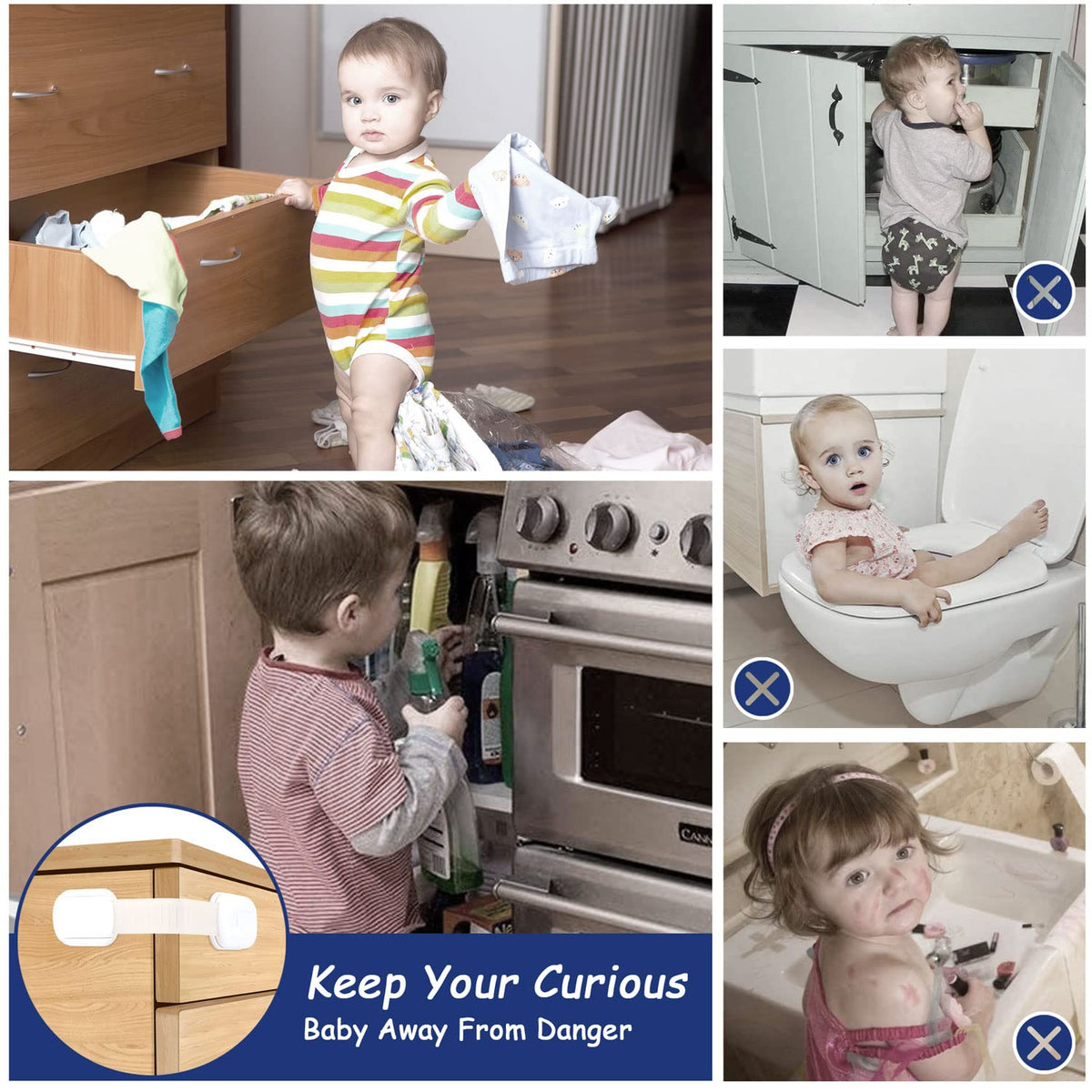 Adjustable Child Locks for Kitchen Cupboards 10 Pack - White