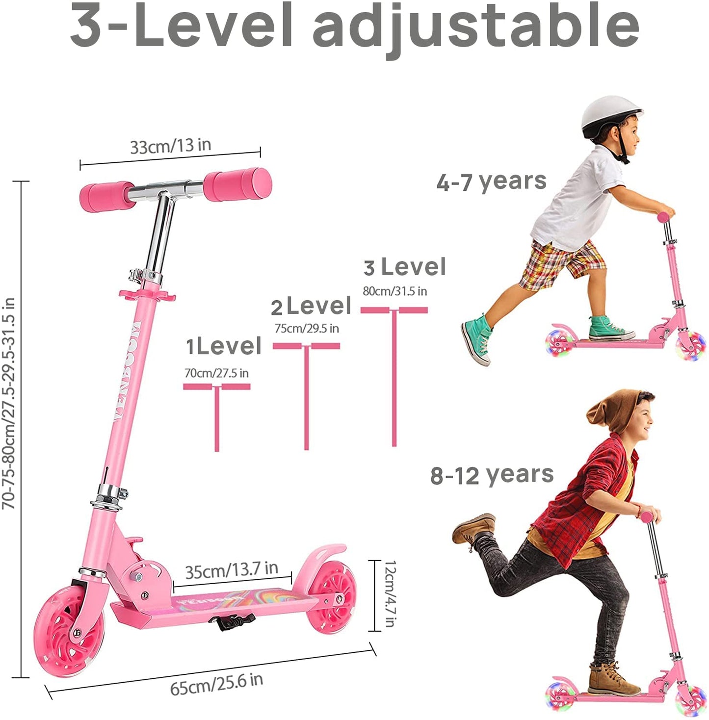TENBOOM Kids Scooter with LED Light-Up Wheels — Adjustable Height, Aluminium Frame