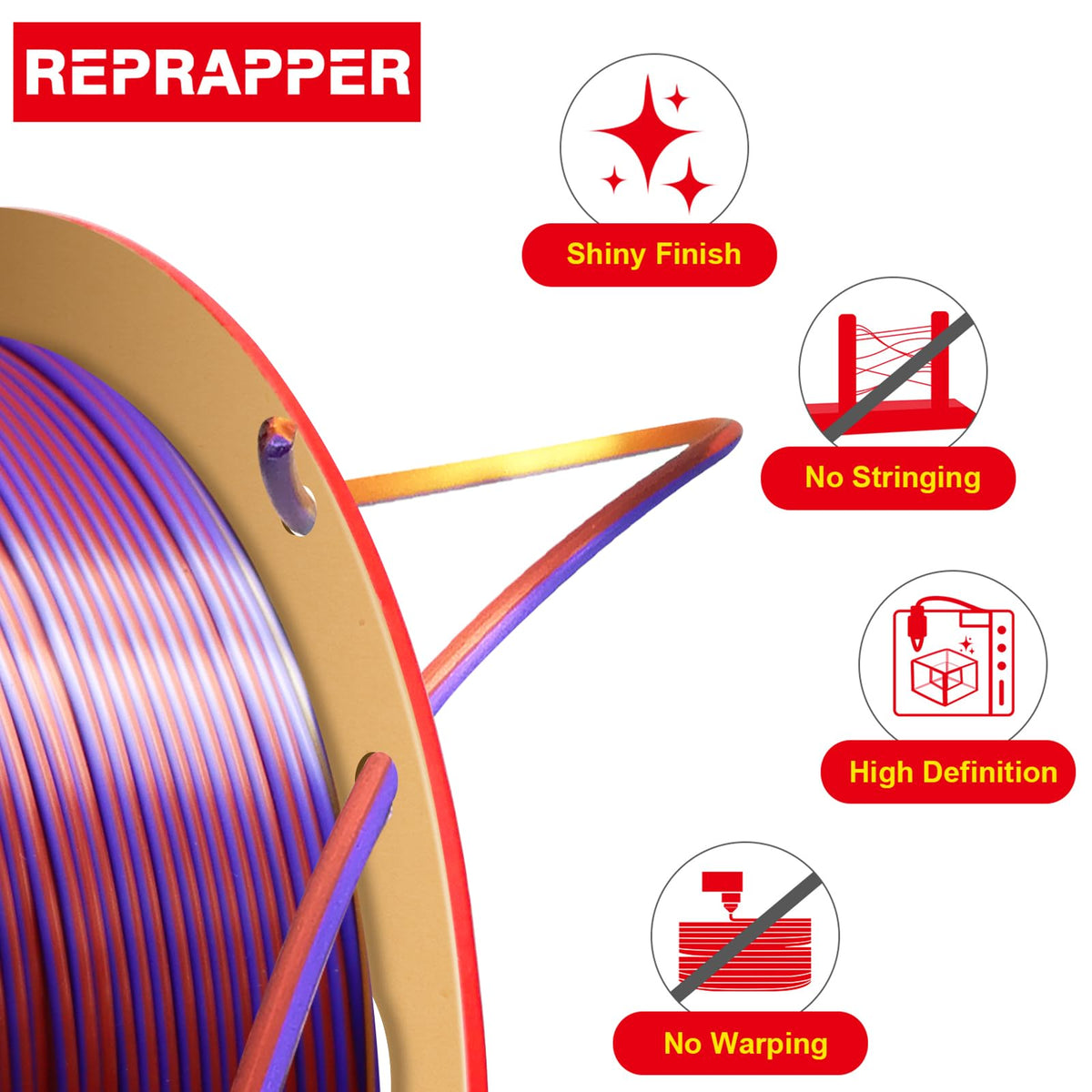 Reprapper 4X 250g Color Pack – Dual Color PLA Filament 1.75mm for 3D Printer & 3D Pen, Multicolour Filament, 4 x 250g Matte Red/Blue, Matte Purple/Green, Silk Red/Blue, and Silk Purple/Green