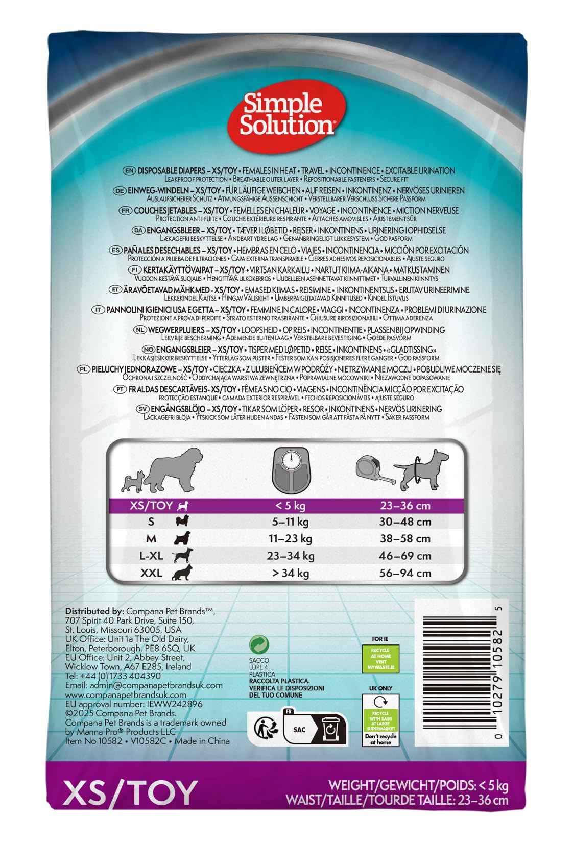 Simple Solution Disposable Dog Diapers for Female Dogs, Super Absorbent Leak-Proof Fit with Wetness Indicator for Excitable Urination, Incontinence or Females in Heat - 12 Pack