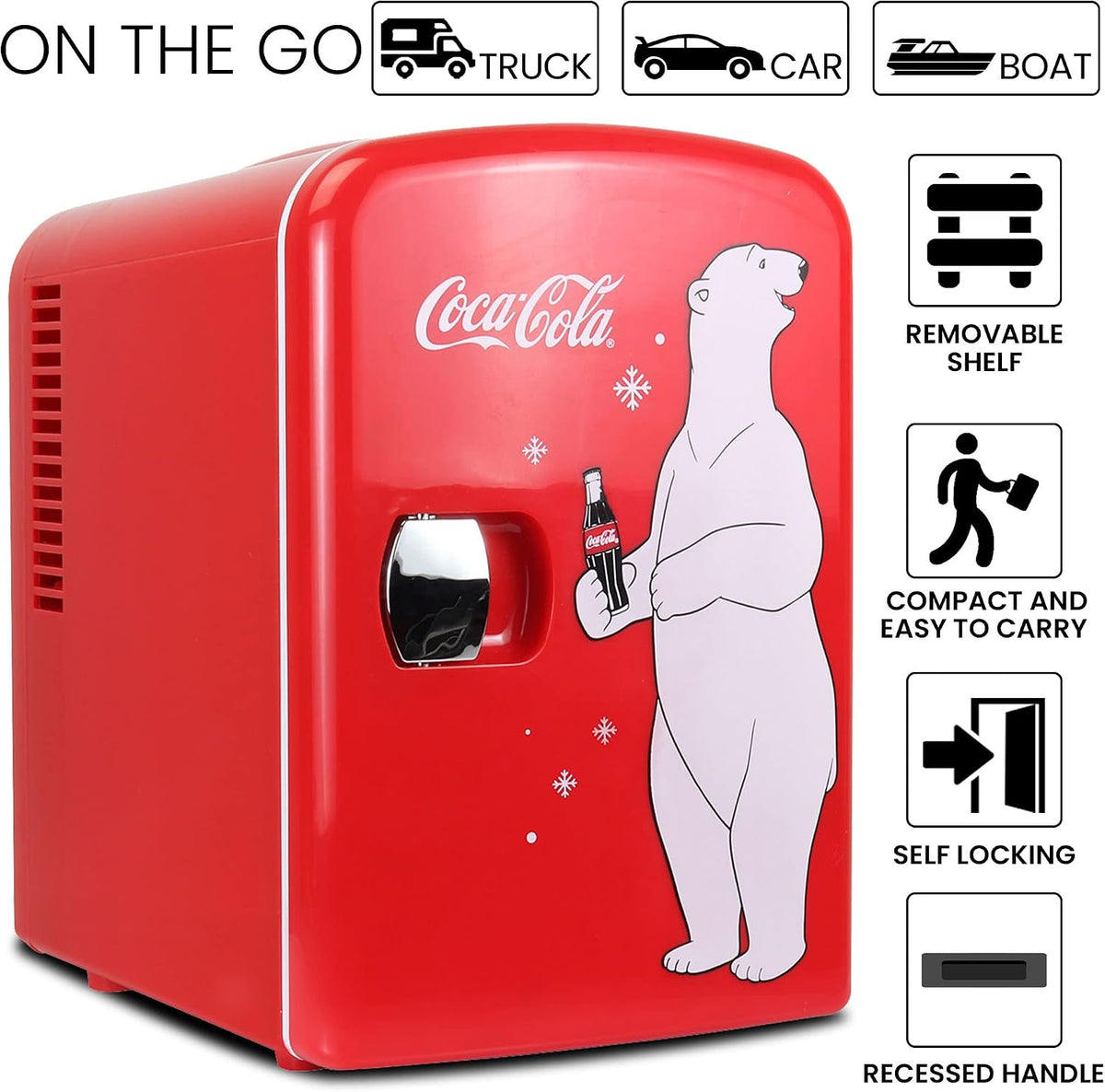 Coca Cola Polar Mini Fridge - Refrigerator for Bedroom Skincare Office, Portable Table Top Beverage Cooler, 12V DC/220V AC Refrigerador For Drinks, Soda, Wine, Use In Car, Dorm, Patio, 6 Can