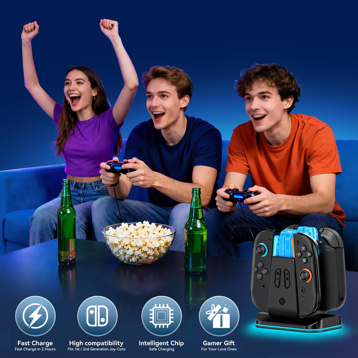 Rysker RGB Switch 2 Controller Charger for Joy-pad 2, 2H Fast Joycon 2 Charging Dock for Any Direction Charging, 9 Light Modes Switch 2 Joycon Charger Station