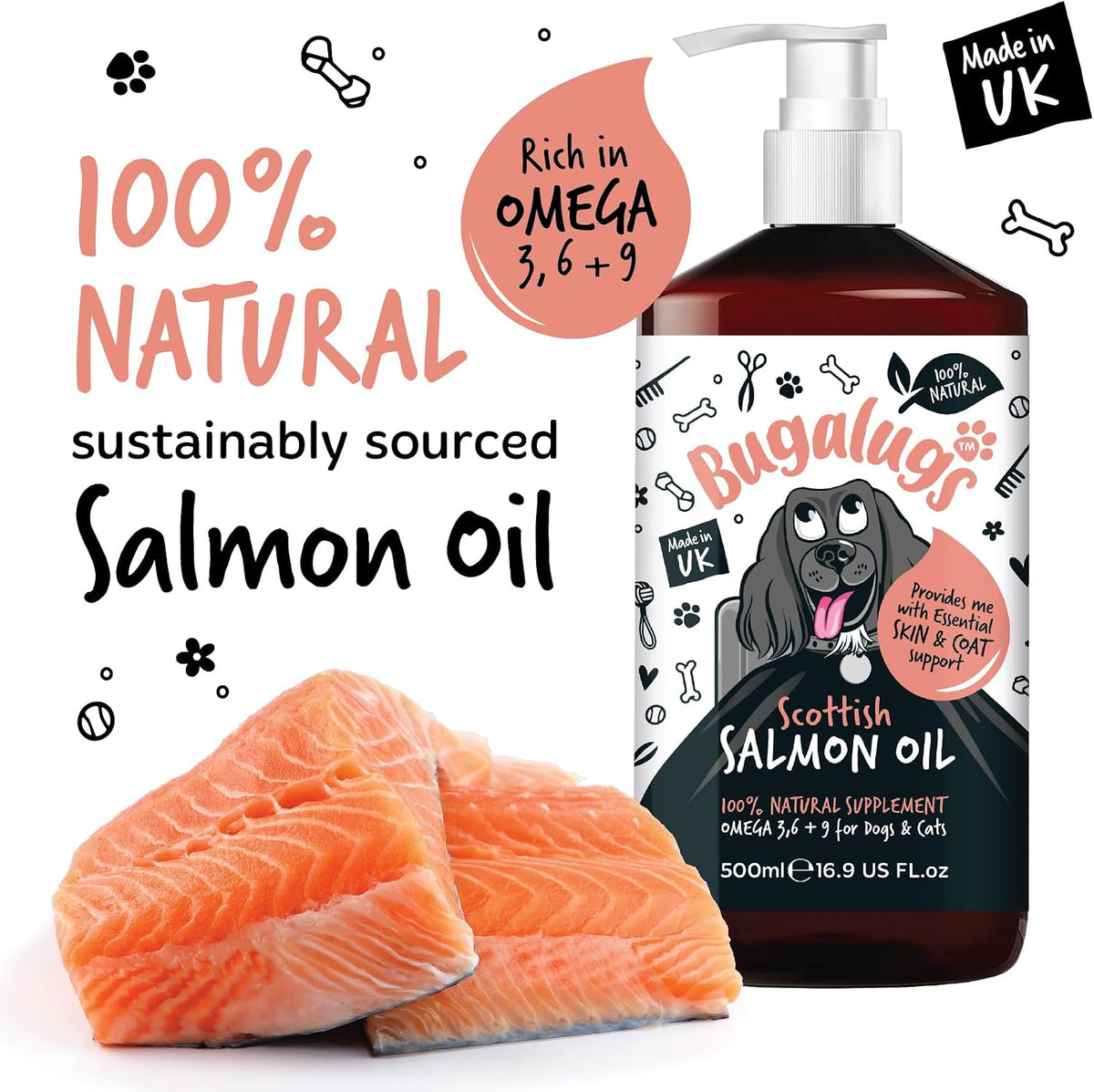 Bugalugs Scottish Salmon Oil For Dogs & Cats, Dog Supplement Support for Skin And Coat, Itchy Skin & Moulting, Omega 3 Fish Oil (Salmon, 500ml)