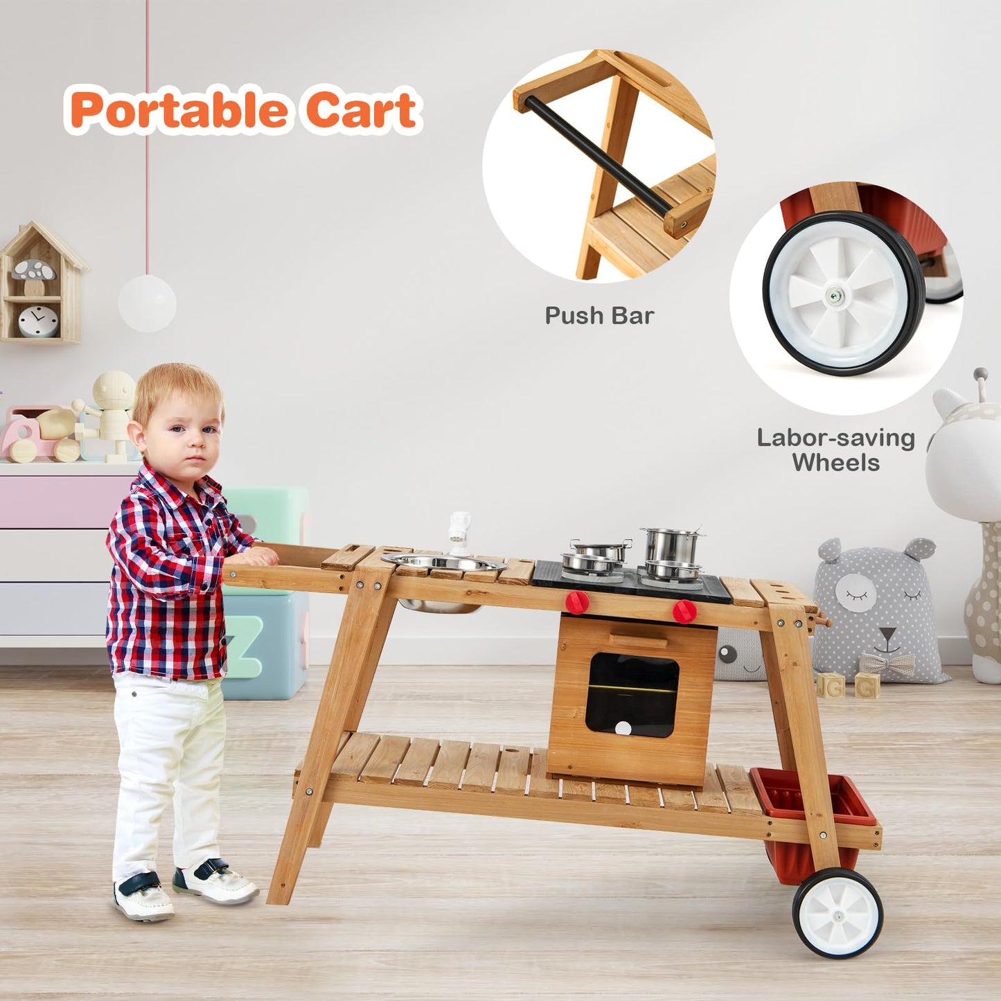 COSTWAY Wooden Mud Kitchen, Outdoor Kitchen Playset with Umbrella, Sink, Storage Cabinet and Accessories, Wheeled Role Pretend Cooking Cart for Kids Toddlers (Natural+White)