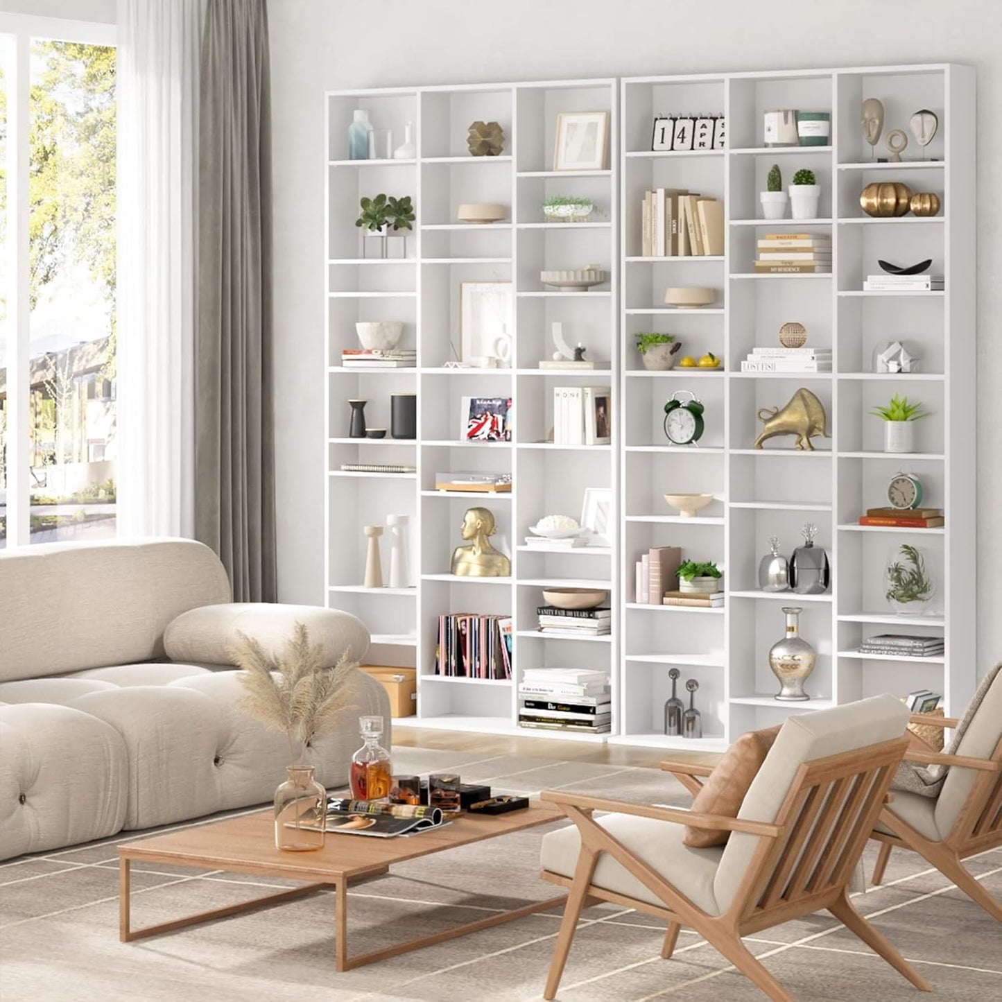 FirFurd Tall Bookcase CD DVD Storage Unit Tower Wooden Display Rack with Adjustble Shelves 27 Storage Compartments White Bookshelf 102.5x23.5x190cm