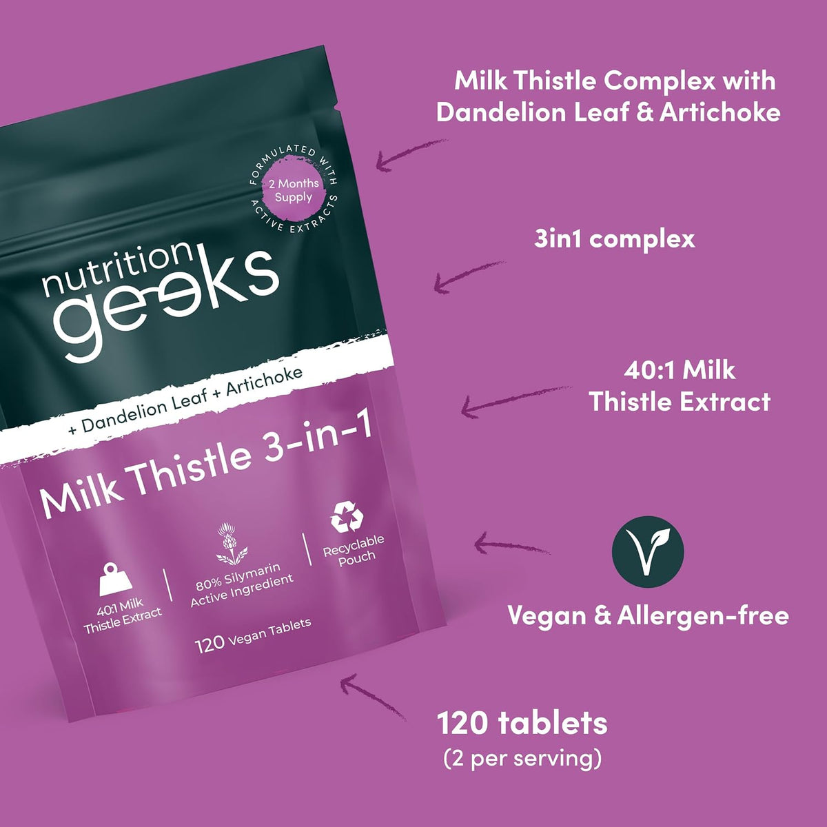 Milk Thistle Tablets 3-in-1 Complex - 120 Tablets (2 Month Supply) - 100mg Extract 80% Silymarin with Artichoke & Dandelion Leaf (Not Milk Thistle Capsules or Tincture) - Vegan - UK Made Supplement