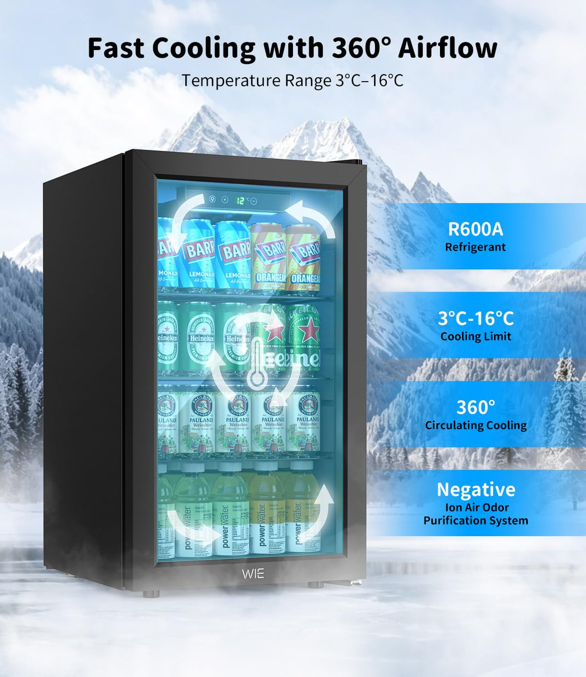 WIE 48L Drinks Fridge with Glass Door, Beer Fridge for 68 Cans or 12 Wine Bottles, Mini Fridge 4-16°C Touch Control, Quiet Beverage Refrigerators with LED Light, Reversible Door for Home, Bar, Office