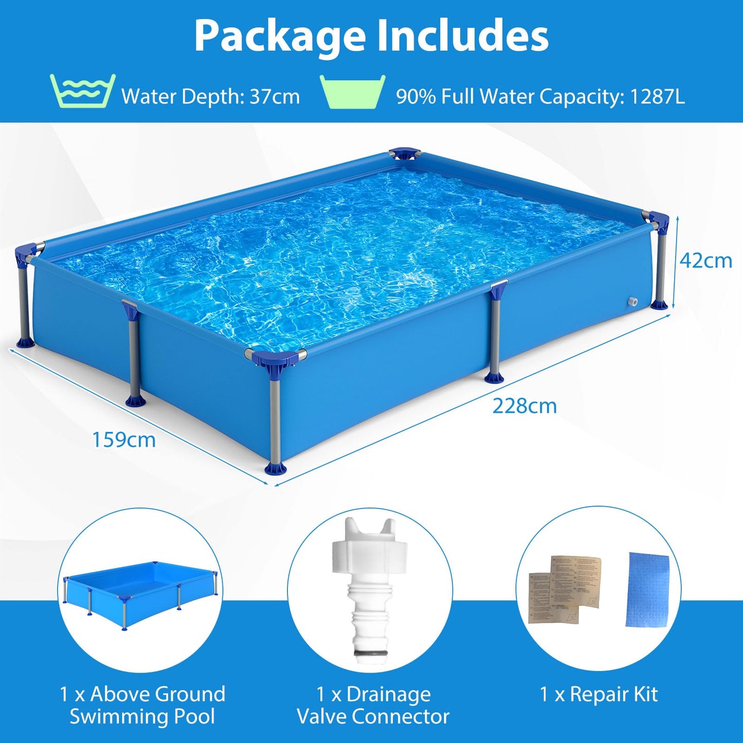 COSTWAY Above Ground Swimming Pool, Outdoor Round/Rectangular Large Framed Pool Set, Metal Frame Garden Family Pools for Kids and Adults (Gray, 300 x 207 x 66 cm, Rectangular)