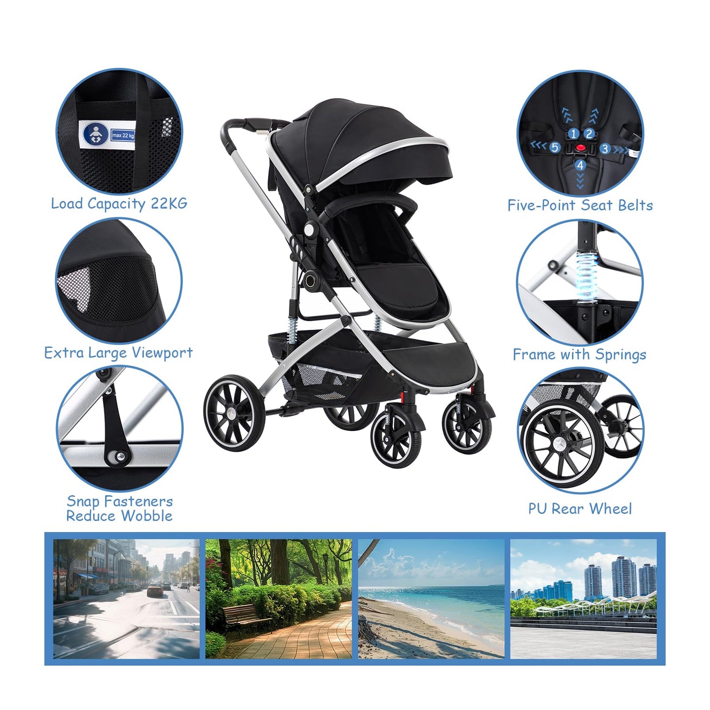 Baby Stroller 3 in 1,Travel Pushchair's Lie-Flat Pram is Foldable, Stroller System Handle is Adjustable, The Wheels are Made of PU Material, Suitable for 0-3 Years-Khaki