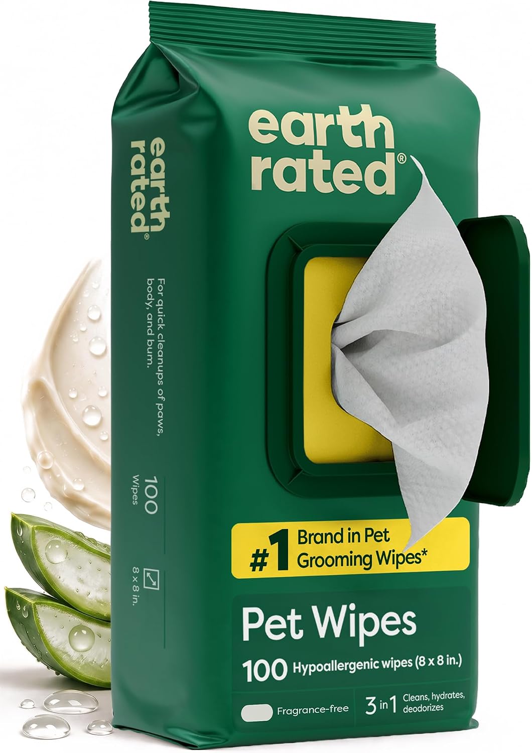 Earth Rated Pet Wipes for Dogs, Hypoallergenic, Cleaning and Hydrating, for Grooming Paws, Body and Bums, Unscented, 100 Count