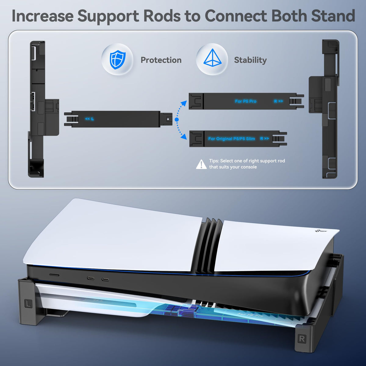 OIVO PS5/Slim/Pro Horizontal Stand for Disc & Digital Console, Protective Stable PS5 Accessories Base Stand with Upgraded Support Rods on Bottom & Scalable Design for PlayStation 5 Console Faceplates