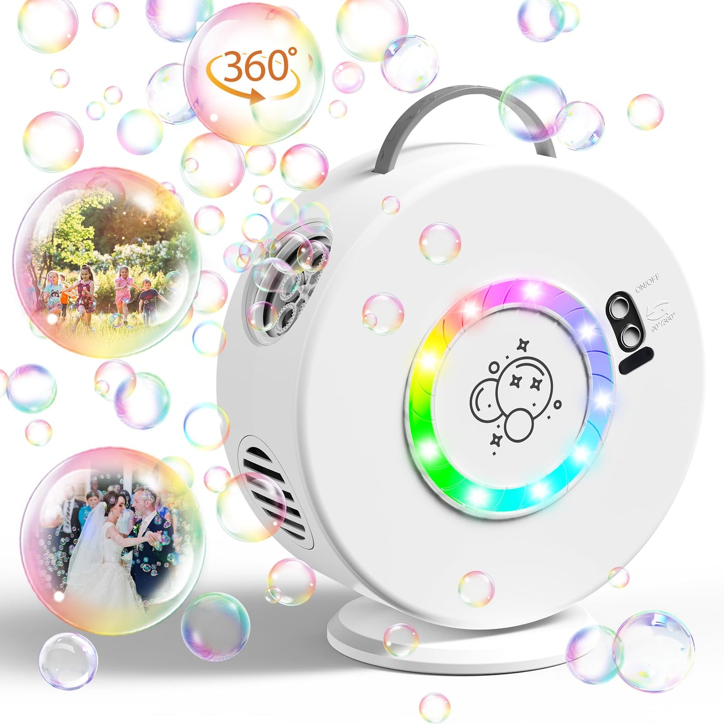 Bubble Machine Age 3+ for Kids Automatic Bubble Blower for Toddlers Rechargeable Battery Operated Portable Bubble Maker for Little Boys Girls Fun Electric Bubble Toy Rotated 90°/360° Outdoor Party