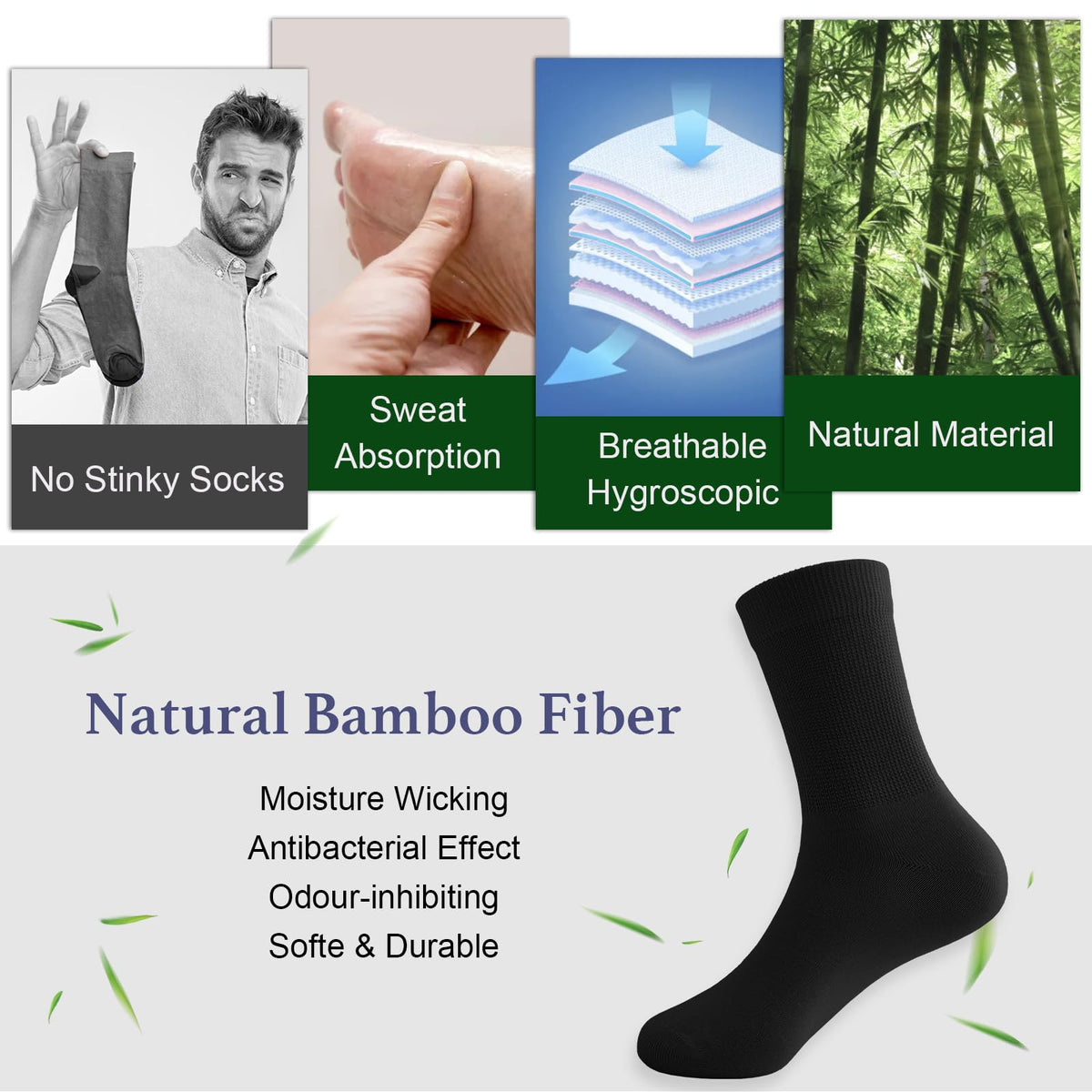Niorasen Men's Extra Wide Diabetic Bamboo Socks, 3/6 Pairs