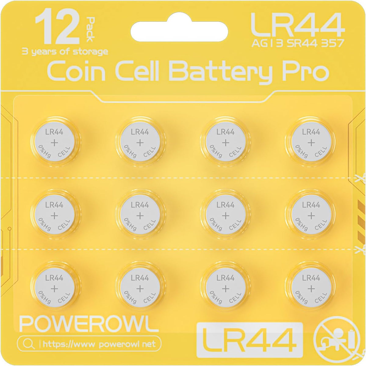 POWEROWL 12 Pcs LR44 Batteries for Watches, Christmas decorations, Bottle Lights, and Small Electronics (Yellow)