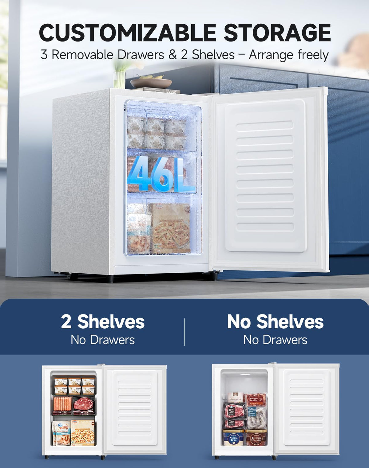Small Freezer Freestanding Upright Freezer 46L, 3 Drawers, Black
