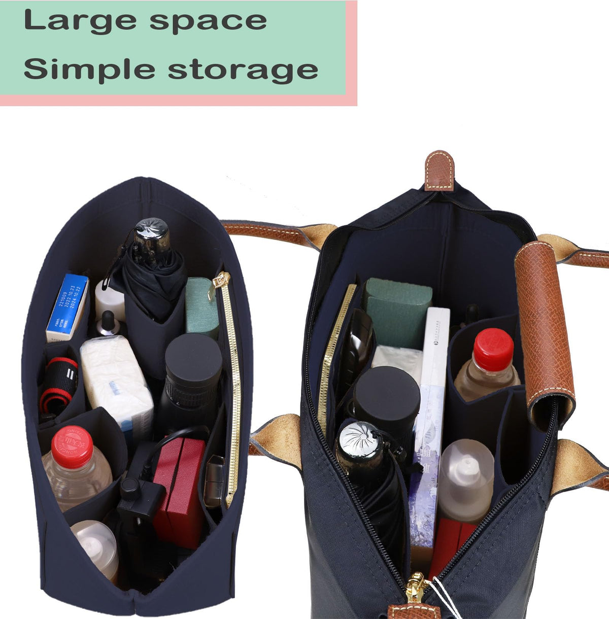 Lckaey tote bag organizer insert for Longchamp le pliage large tote insert felt purse zipper bag organizer 1028pink-S